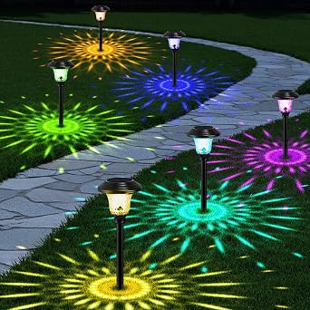 BEAU JARDIN 8 Pack Solar Lights with 7 Color Changing Pathway Outdoor Garden Stake Glass Stainless Steel Waterproof Auto On/Off Sun Powered Landscape Colorful Lighting Effect Yard Walkway Spike Black