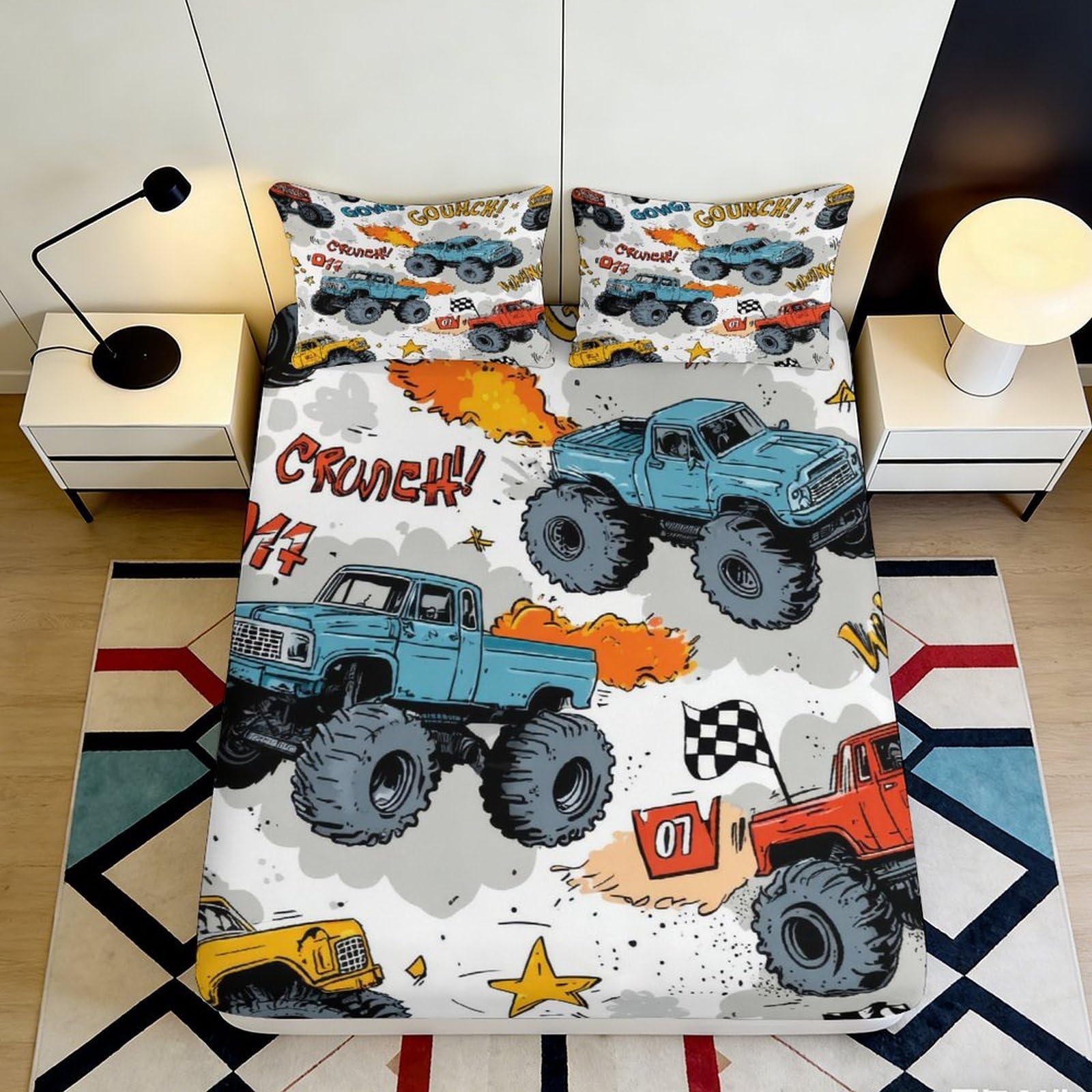 3D Printed Monster Truck Fitted Sheet Microfiber Cartoon Graffiti Bed Cover for Bedroom Dorm Anti-Slip Washable Decor 90x200x25cm