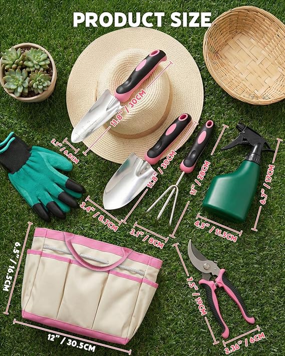 Garden Tools Set 7 Pack, Stainless Steel Gardening Set, Heavy-Duty Gardening Kit with Durable Storage Tote Bag, Non-Slip, Ergonomic Handles, Rust Proof, Gardening Gifts for Women Men, Pink