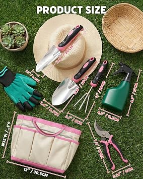 Garden Tools Set 7 Pack, Stainless Steel Gardening Set, Heavy-Duty Gardening Kit with Durable Storage Tote Bag, Non-Slip, Ergonomic Handles, Rust Proof, Gardening Gifts for Women Men, Pink