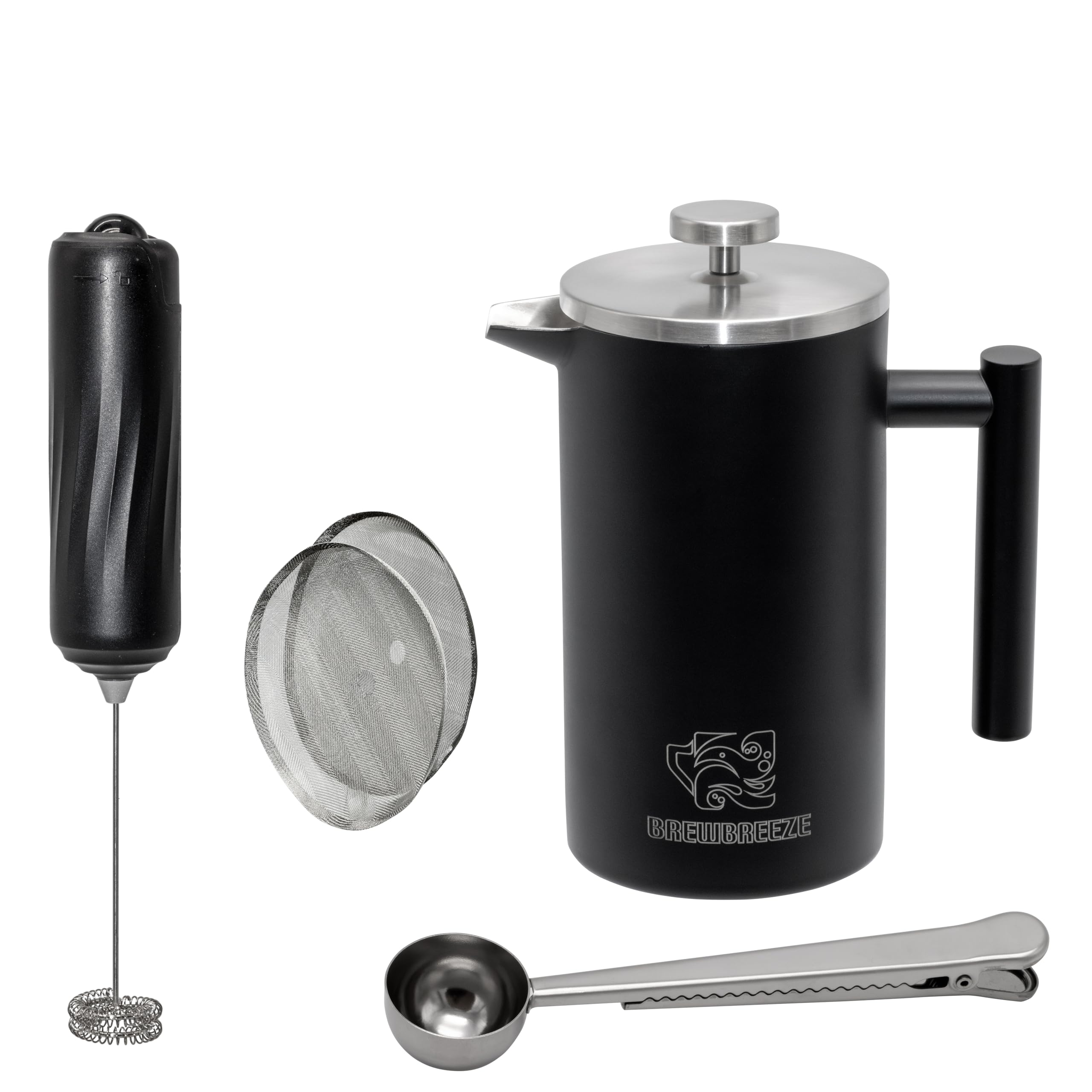 French Press Set I Cafetera Thermo Prensa de Café de Filtro 1 Litro Espumador de Leche Doble Pared Aislante Acero Inoxidable (Negro)