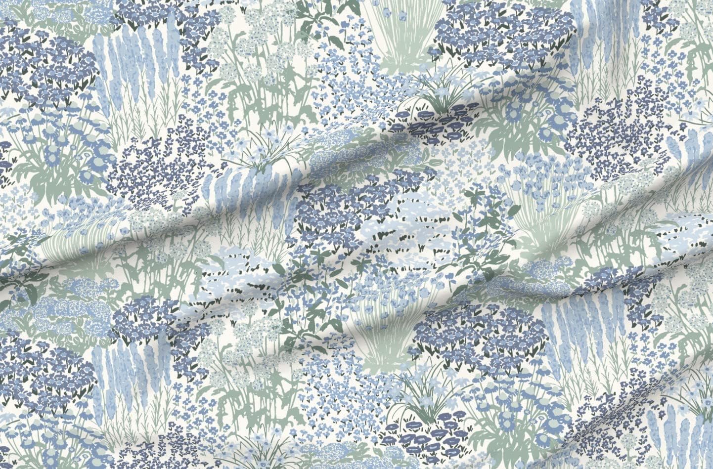 Spoonflower Fabric - Botanical Meadow Blue Flowers Summer Florals Cottagecore Elegant Printed on Petal Cotton Fabric Fat Quarter - Sewing Quilting Apparel Crafts Decor