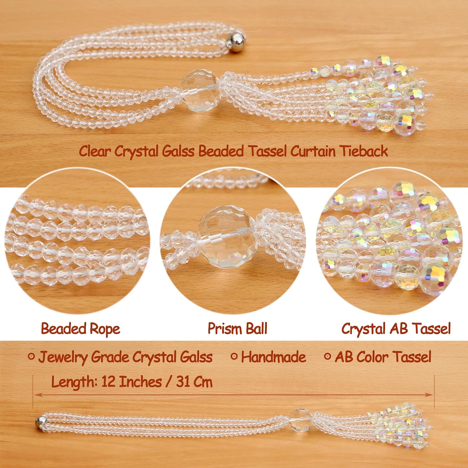 PEDOBO Magnetic Curtain Tiebacks, 2 Pack Crystal Beaded Tassel Sheer/Drapery Curtain Holdbacks, Boho Hanging Decor for Farmhouse Home Office (Crystal AB) image 2