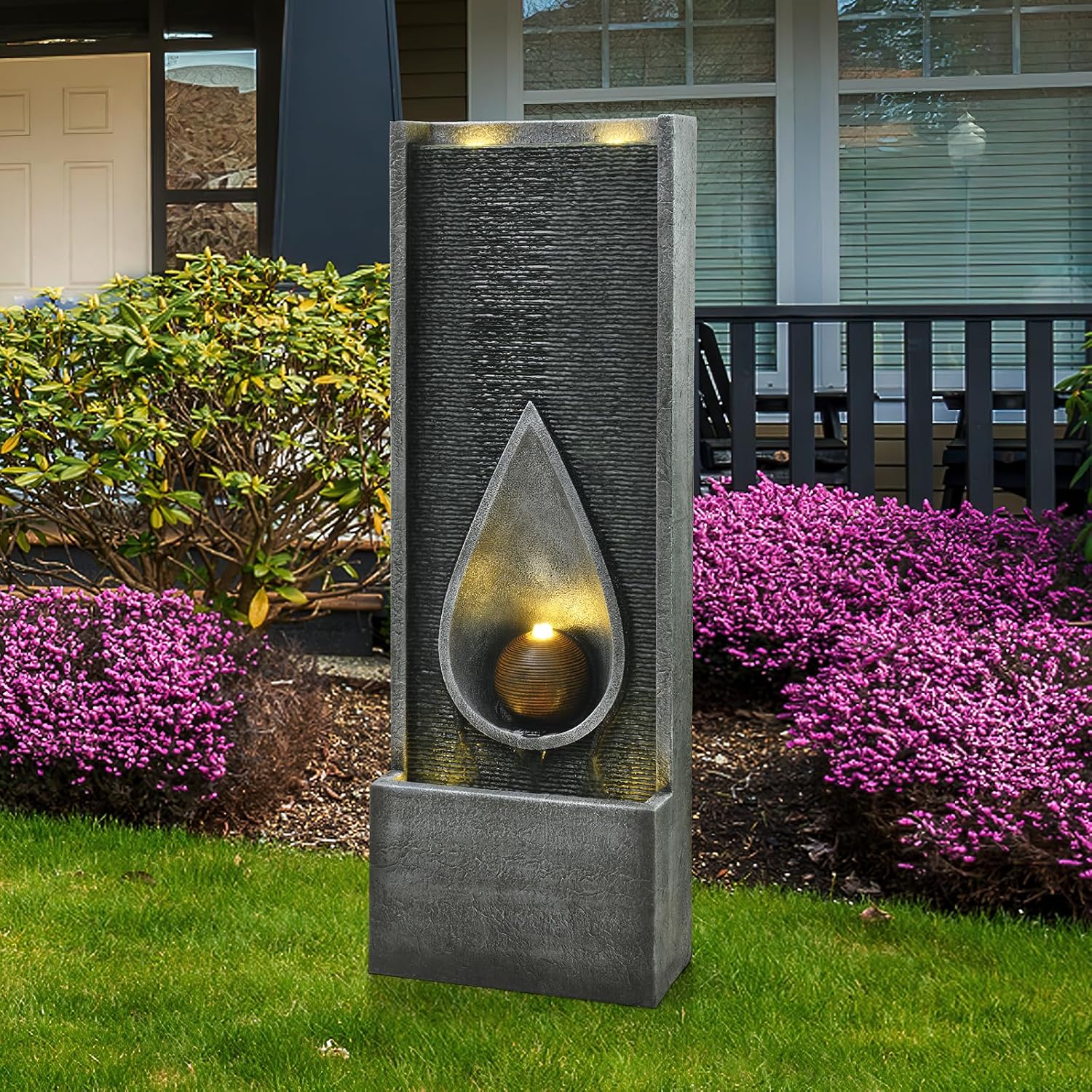 53'' Outdoor Garden Water Fountain with Lights Cascading Large Waterfall Floor Standing Fountain for Patio, Backyard, Deck, Porch and Home Art Decor