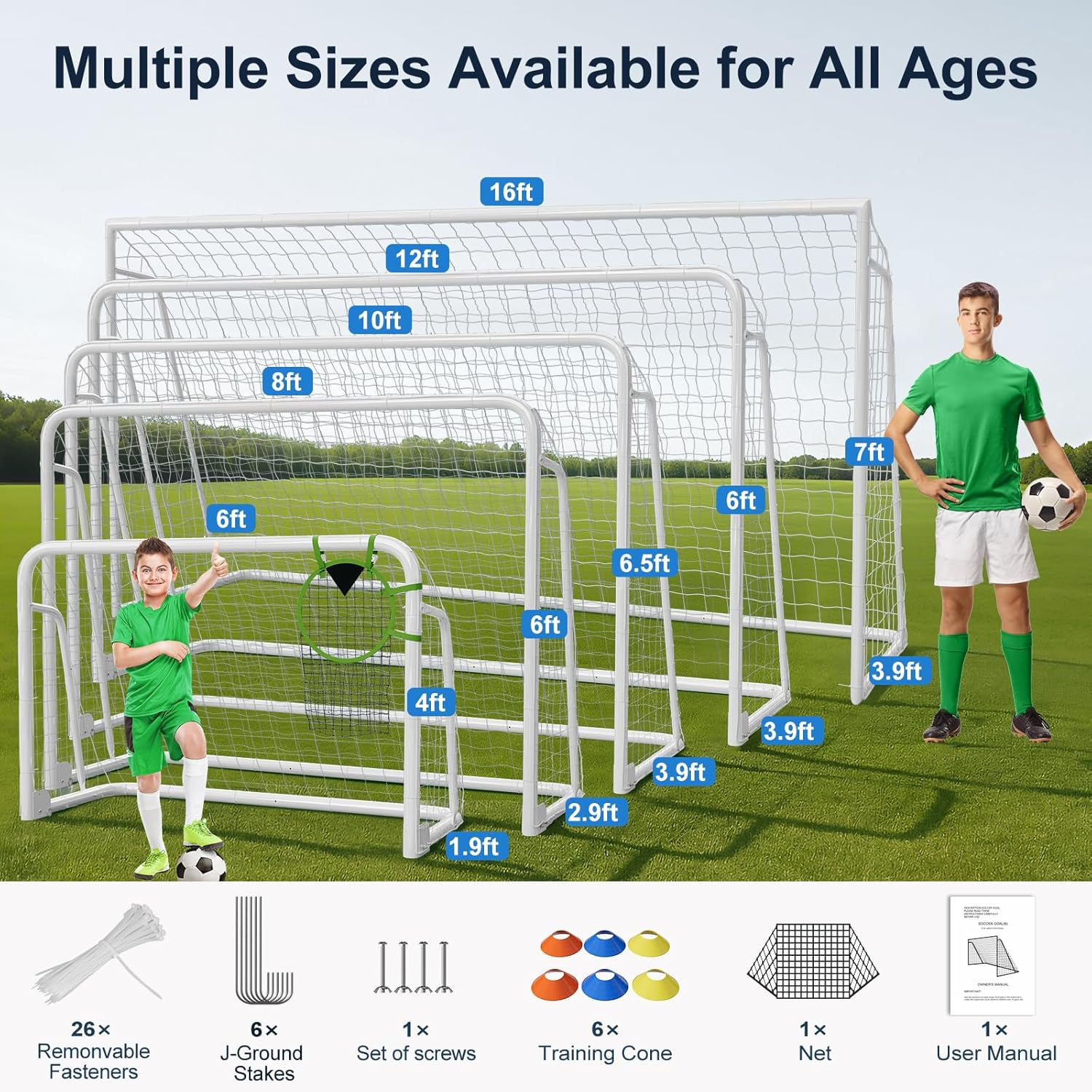 MOPHOTO Soccer Goal, 6X4/8x6/10x6.5/12x6/16x7/18.5x6.5/21x7/24x8ft Soccer Goals for Backyard, Full Size Soccer Goal for Teens & Adults Training