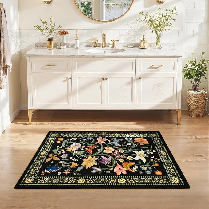 Tapete 2x3 pies negro con diseño floral vintage miniatura 2