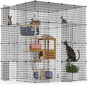 JYEARN Cat Cage Indoor Large Cat Enclosures DIY Cat Playpen Detachable Pet Playpen with 5 Doors 5 Tiers for 1-5 Cats with Platforms, 55L x 55W x 55H Inch
