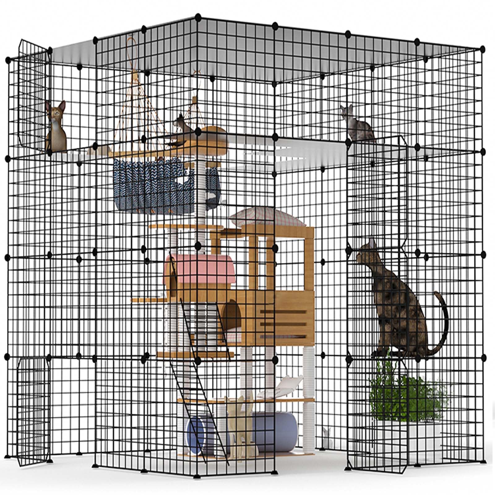 Cat Cage Indoor Large Cat Enclosures DIY Cat Playpen Detachable Pet Playpen with 5 Doors 5 Tiers for 1-5 Cats with Platforms, 55L x 55W x 55H Inch