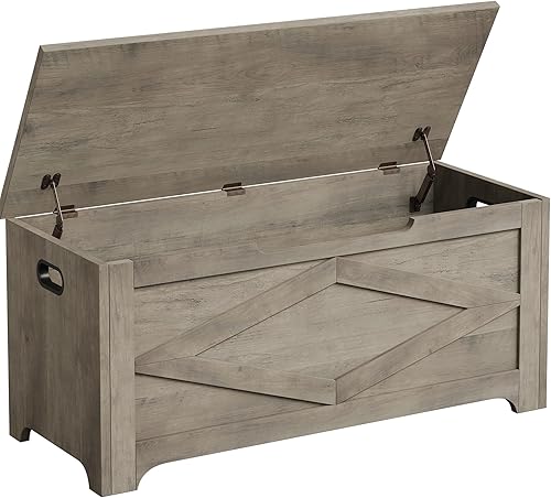 Vista 12 de GAOMON Baúl de almacenamiento, banco de almacenamiento con bisagra de seguridad, baúl de madera estilo granja para entrada, dormitorio, sala de Negro