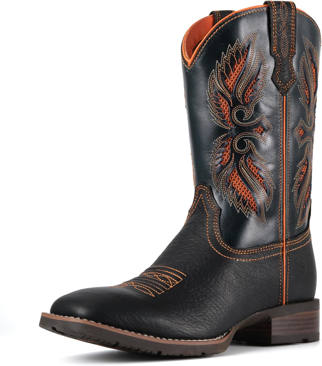 SUREWAY Cowboy Boots with Artful Cut-Out Detail, Men’s Square Toe Full Grain Leather Boots,Oil and Slip Resistant, Durable 10-Inch Pull-On Wellington Boots for Men
