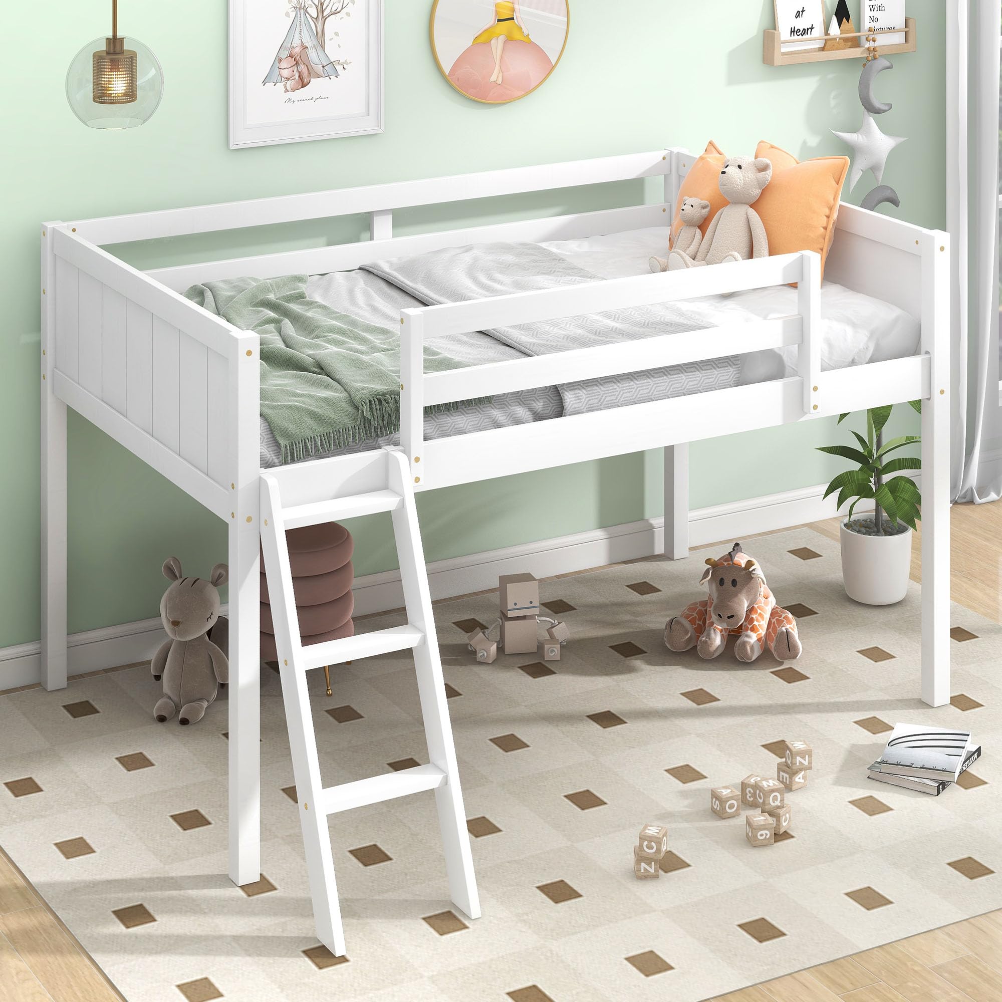 BellemaveLow Loft Bed with Ladder, Wood Loft Bed Twin Size for Adults, Kids and Young Teens, No Box Spring Required,Wood Slat Support (White, Slope Ladder)