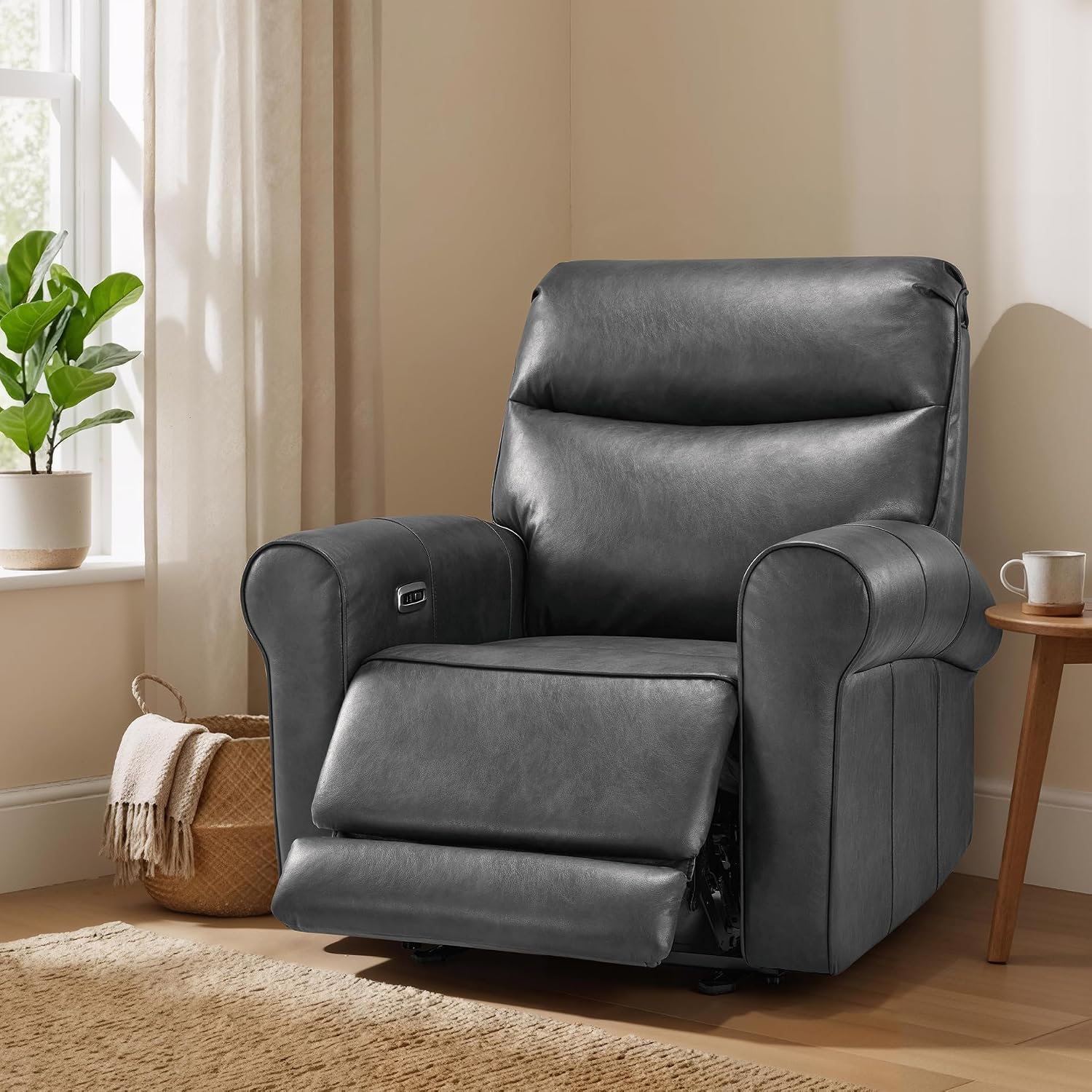 MCombo Power Wall Hugger Recliner Chair for Small Space RV Living Room, USB & USB-C Charging Ports, Modern Rolled Arm Recliner, Faux Leather PR630 (Dark Grey, Medium)