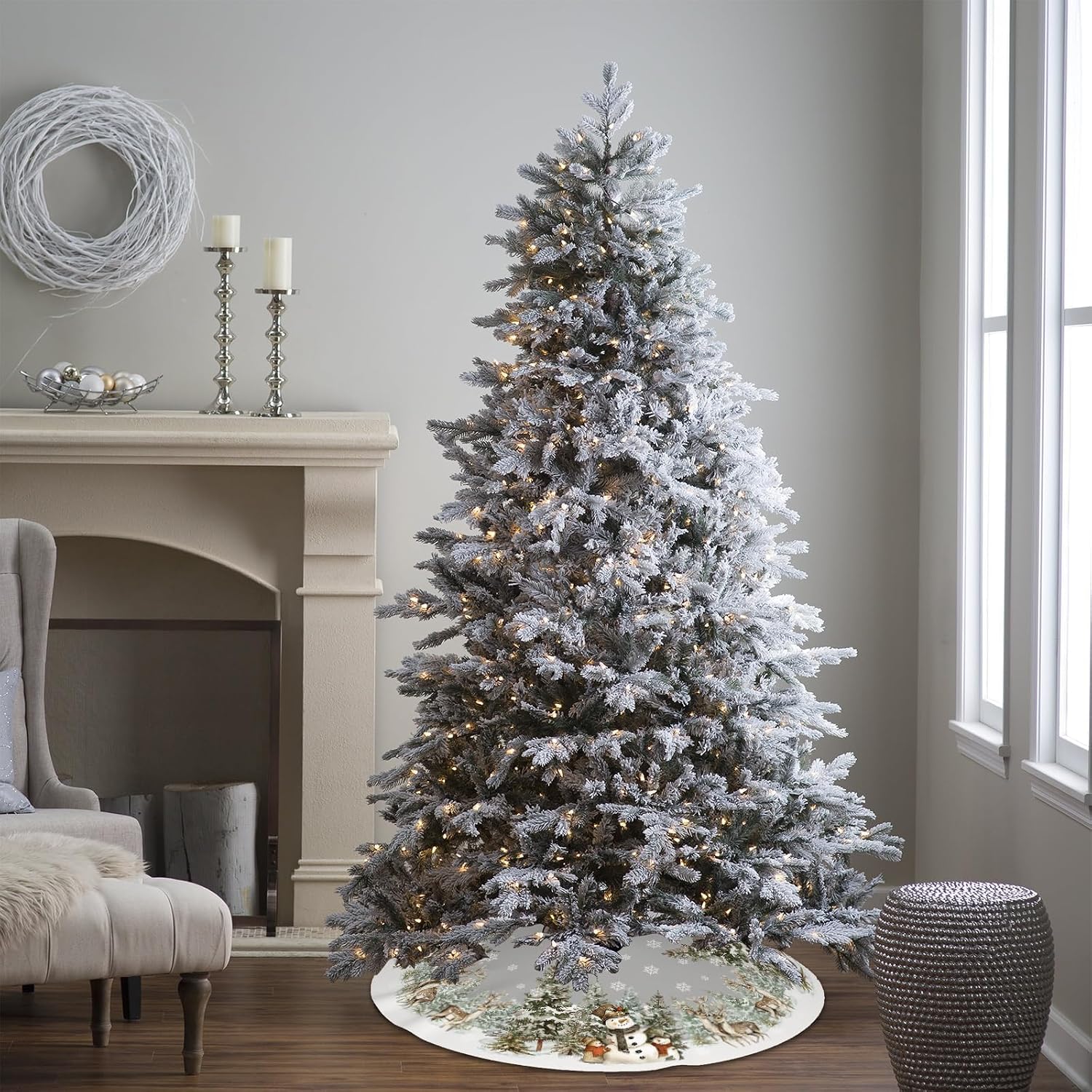 Snowman Christmas Tree Skirt 36 Inch Reindeer Snowflakes Xmas Tree Decorations for Winter Holiday Party Home Decor Indoor Outdoor Ornaments