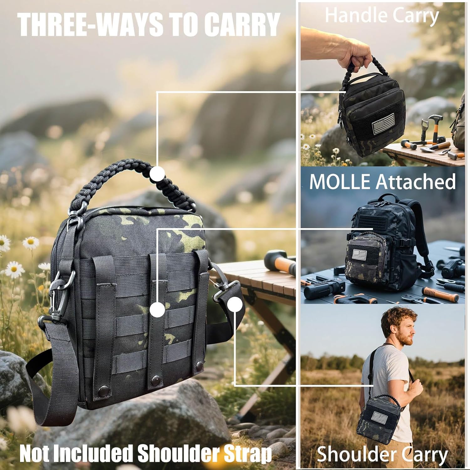 Tactical EDC Pouch, Dual Layer MOLLE Utility Pouch for Versatile Storage, Military-Style Medical EMT Organizer Bag with American Flag Patch, Black-C