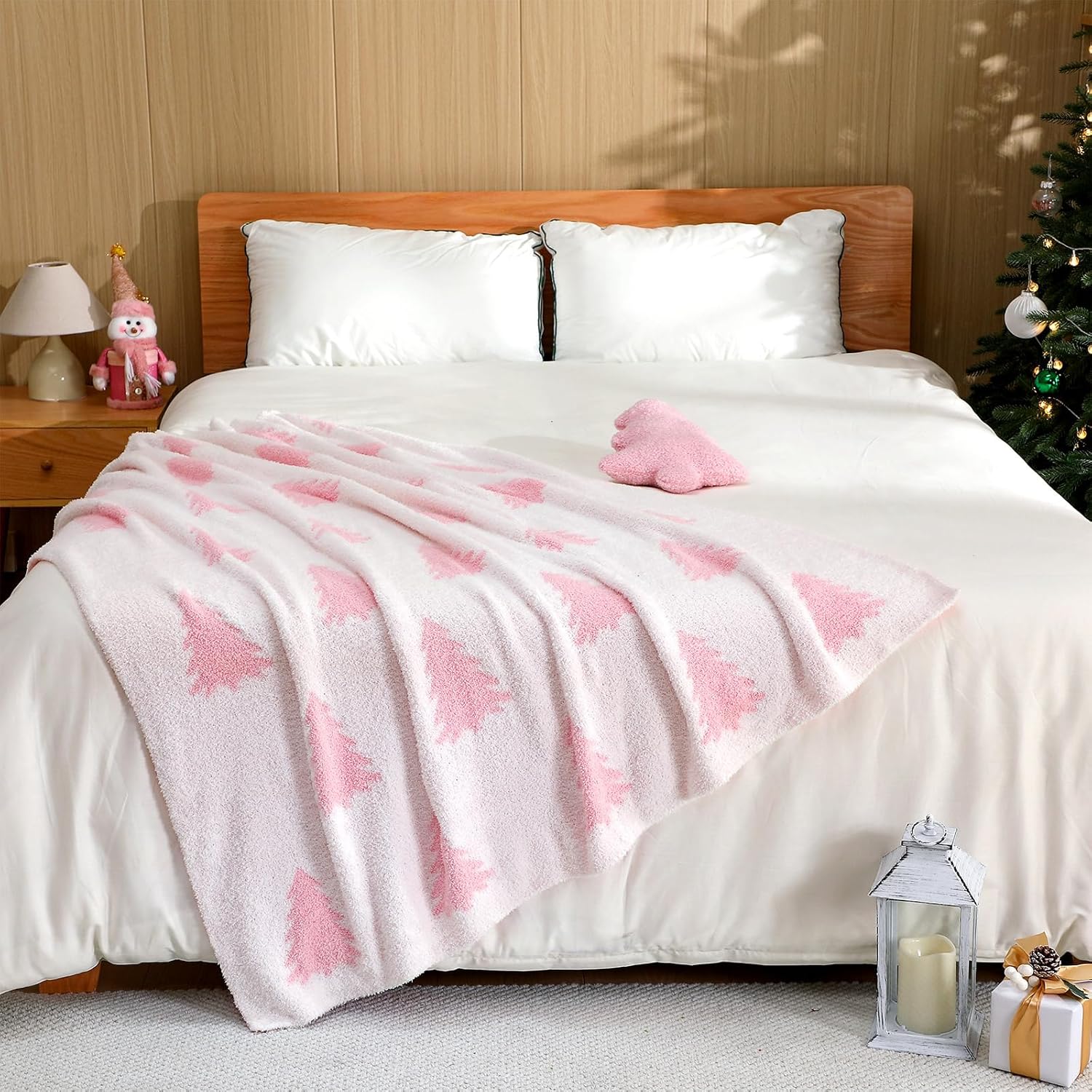Pink Christmas Tree Throw Blankets and Pillow Gifts Sets Include Pink and White Double Sided Flannel Blanket 50 x 60 Inch and Plush Throw Pillow for Xmas Couch Sofa Bed Home Decorations - Image 6