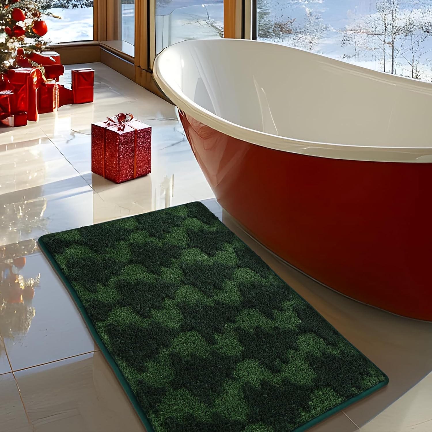 Moutina 3D Christmas Tree Bathroom Rugs 20x32 Inch, Soft and Absorbent Tufted Winter Green Bath Mat Non Slip Washable, Christmas Bathroom Decor Rug Winter Decorations