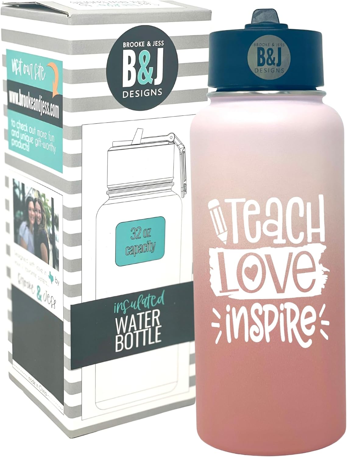 Brooke & Jess Designs Water Bottle, 32 oz, Stainless Steel, Teach Love Inspire Blush, Travel Mug, Double Wall, Insulated, Reusable, Hot Drinks, Teacher Gifts