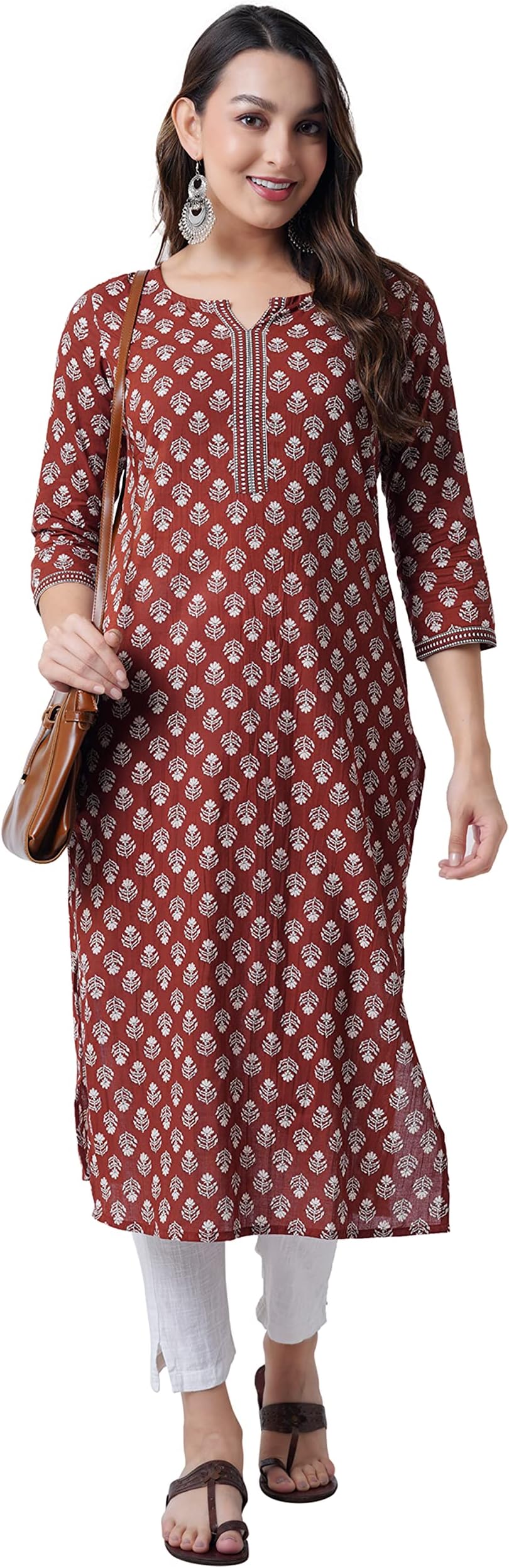 Arayna Women's Cotton Printed Straight Long Kurta