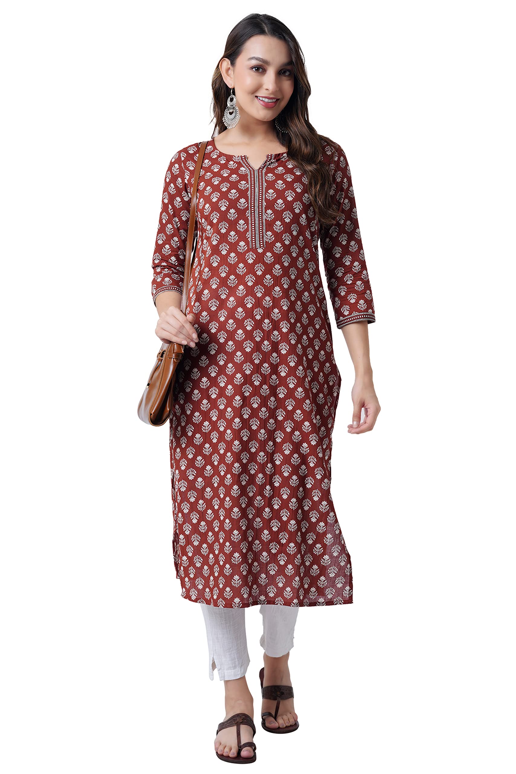 Arayna Women's Cotton Printed Straight Long Kurta