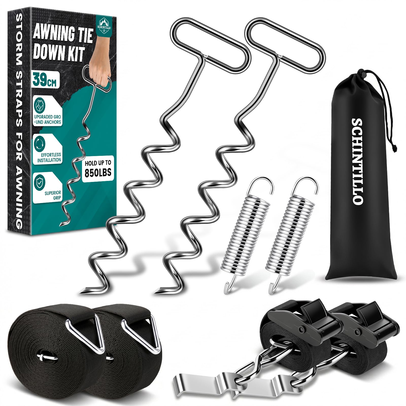 Kit de Sujeción para Toldos, Correas para Tormentas para Thule Omnistor, Protección contra Tormentas para Toldos de Autocaravanas y Caravanas con Anclajes al Suelo Resistentes de 39 cm