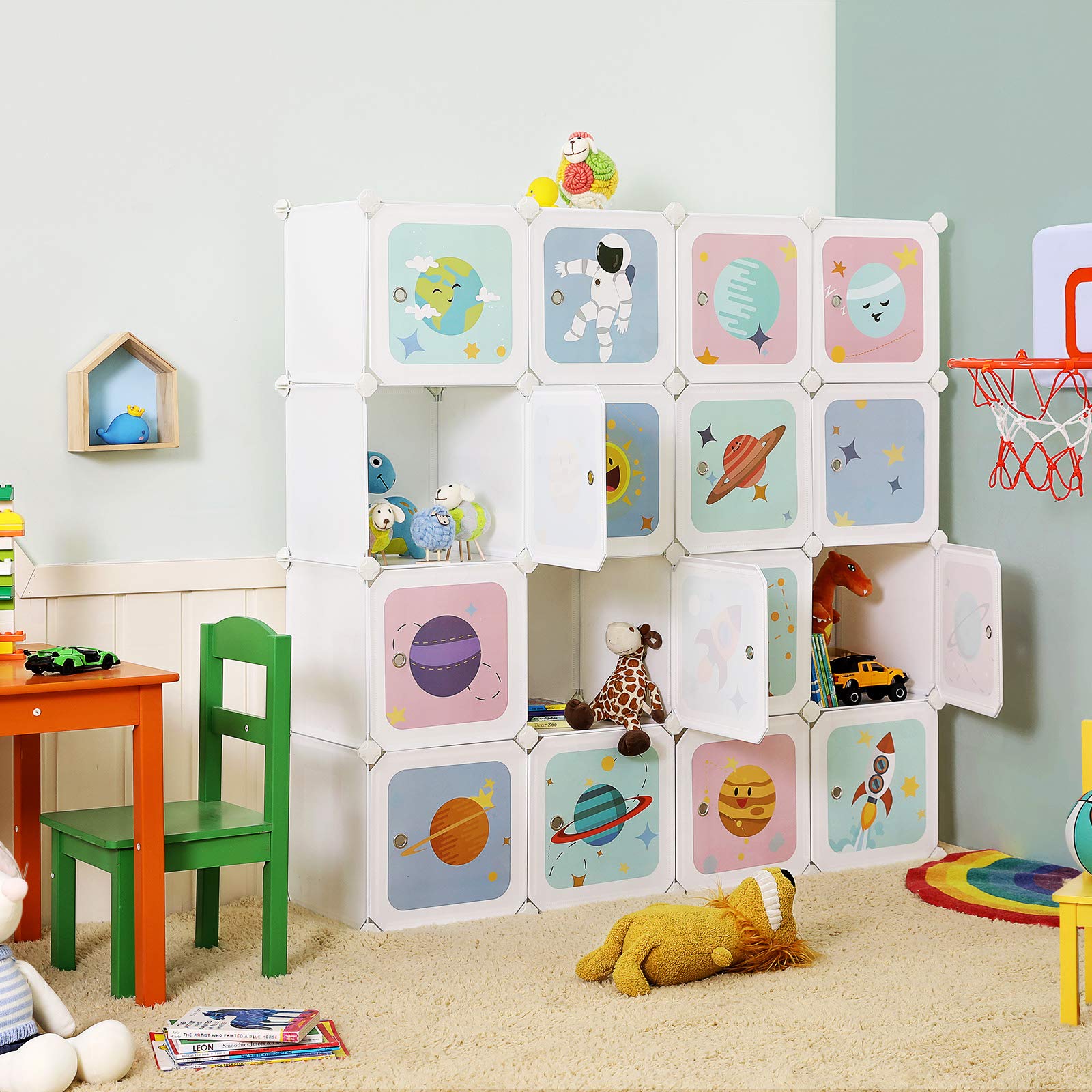 SONGMICS Modułowa szafa dziecięca 15 wiader, modułowy organizer dla dzieci, plastikowe półki na wiadra, z drzwiami, na ubrania, buty, zabawki, 151 x 31 x 153 cm, biały LPC902W