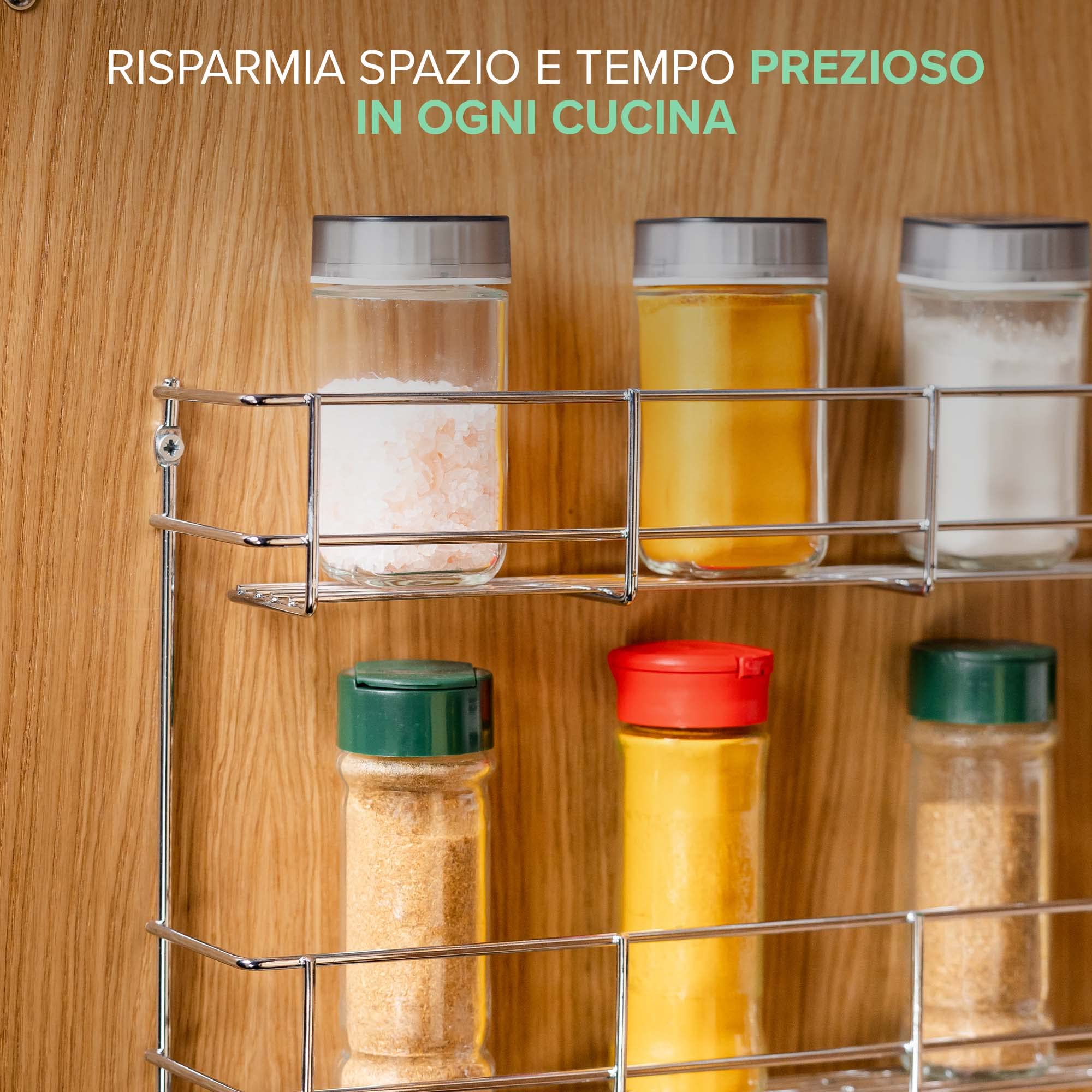 Coninx Porta Spezie da Parete 4 piani | Portaspezie Cucina da Appendere con viti | Spice Rack | Supporto per Spezie da Cucina Assortite | Mensola a 4 livelli per 32 Barattoli di Spezie | 50x40.5x6cm