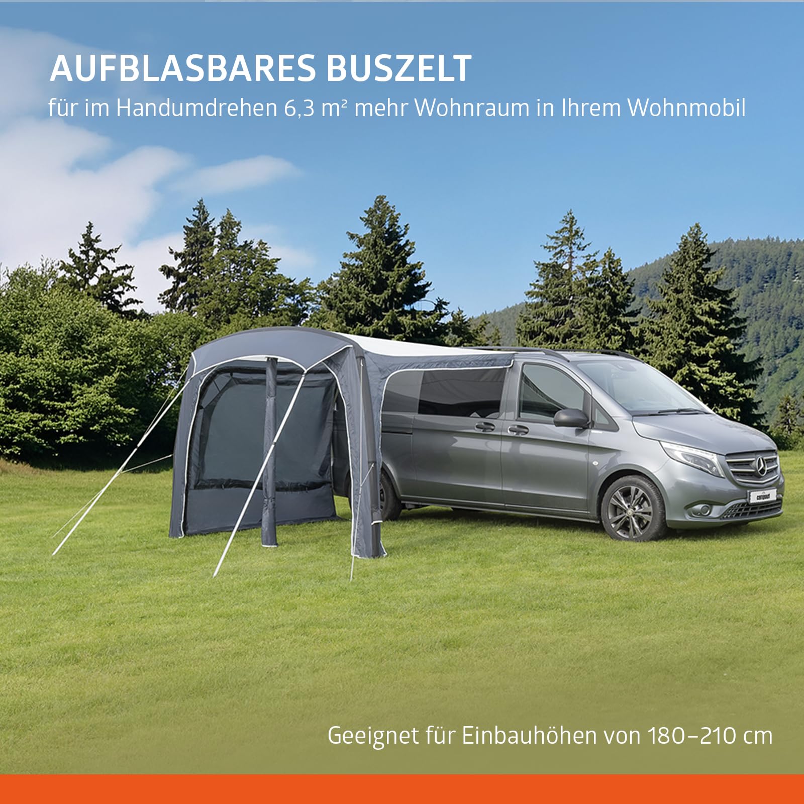 Campout Aufblasbares Busvorzelt für Campervan – 300 x 210 cm – 3000 mm Wassersäule – Anbauhöhe 180-210 cm – Aufbau in 15 Min – Inkl. Pumpe & Sturmabspannleinen