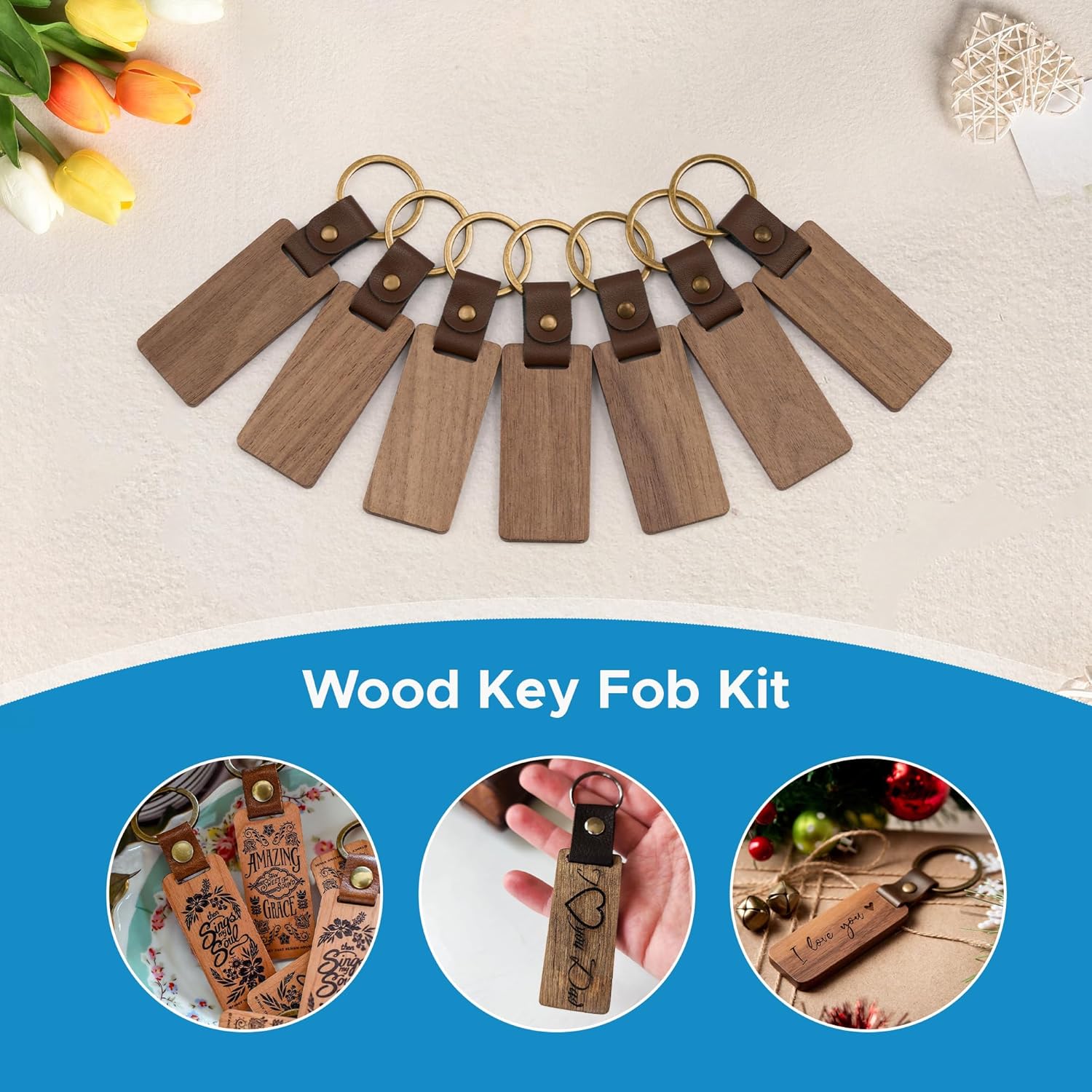 OMTech 50pcs Wooden Keychain Blanks, 2.6 x 1.2 in Rectangle Wood Key Chain Bulk with Leather Straps, Unfinished Wooden Key Rings Key Tags for Laser Engraving Keychain Making DIY Craft Gift Accessories - Image 3