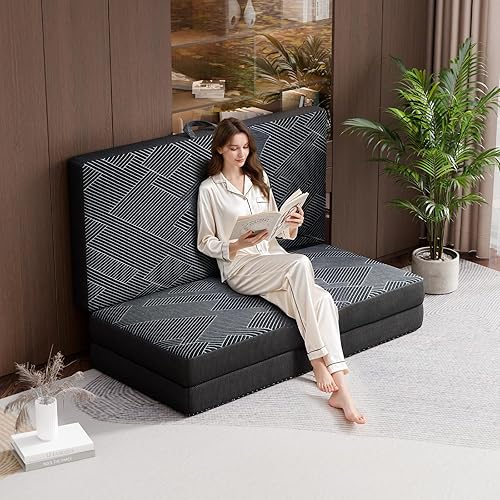 Miniatura 7 de Colchón plegable de tamaño individual – Colchón de espuma viscoelástica triple, asa y parte inferior antideslizante con funda lavable, sofá cama