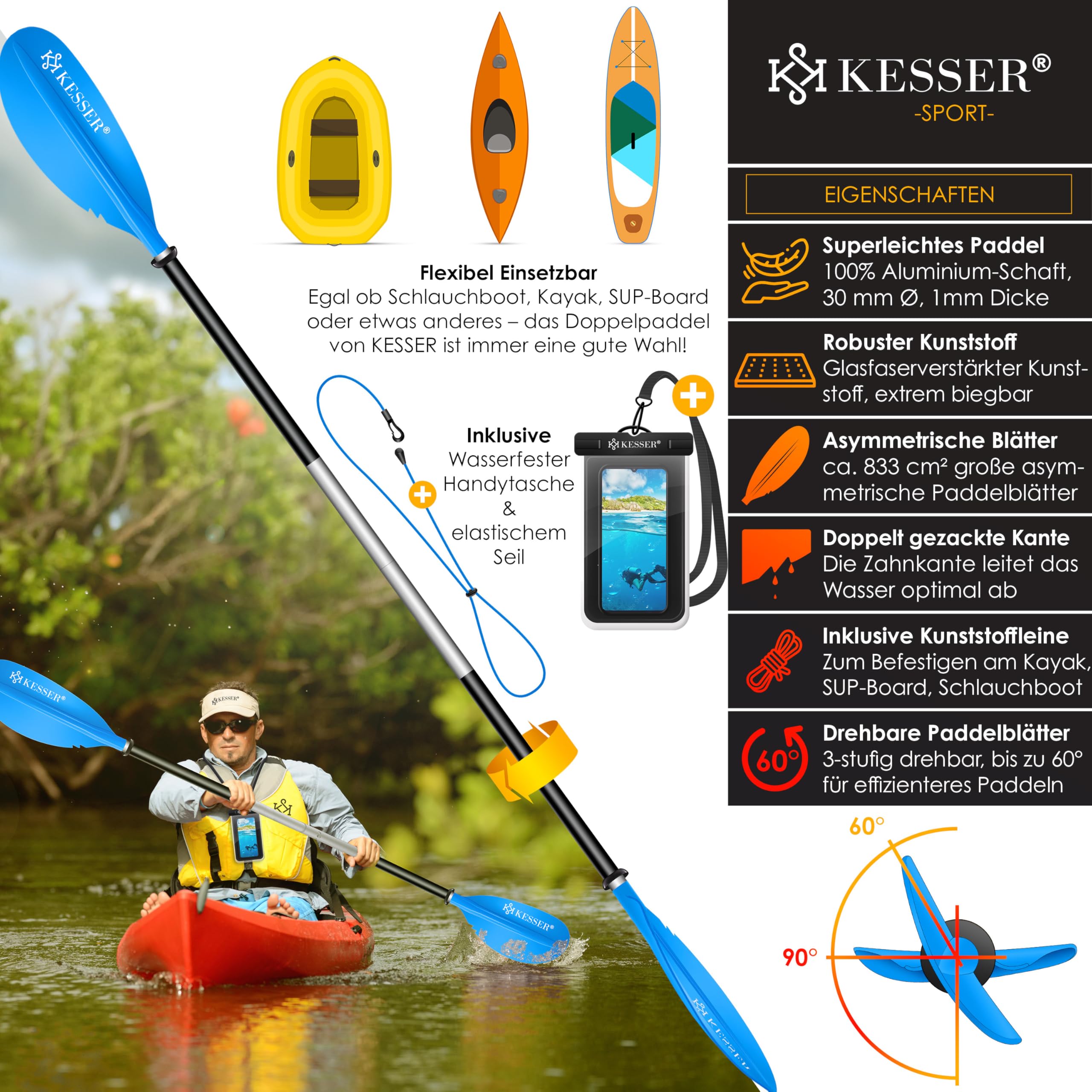 KESSER® Paddle Doppelpaddel - 4-teilig für Kayak SUP Stand-Up Paddling Board Stechpaddel, 228cm Aluminum Perfekt für Schlauchboot, Stand Up Paddel Inkl. Sicherheitsschnur, Handyhülle, Surfboard Boot
