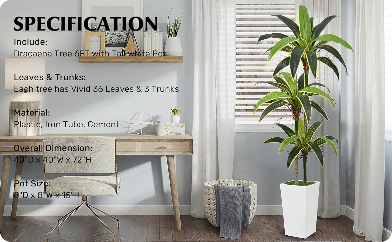 Artificial Dracaena Tree 6FT with 36 Leaves & 3 Heads & White Tall Planter Cover with Green Moss Realistic Tall Large Fake Faux Tropical Yucca Silk Plant for Indoor Home Office Porch Decor - Image 8