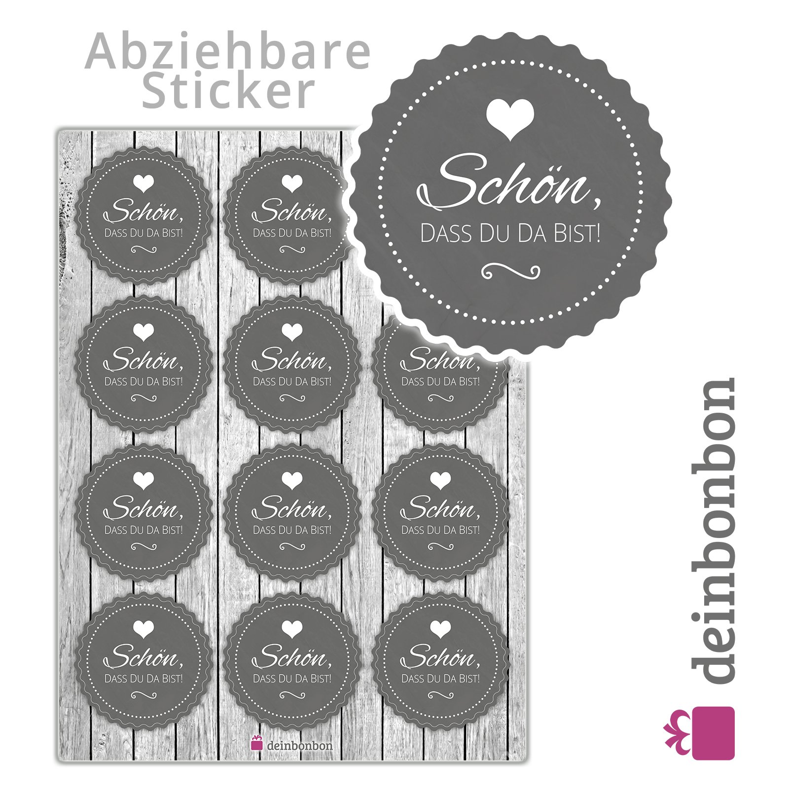 DeinBonbon 20x Gastgeschenk Mini Dose DIY Süßigkeiten und Stickerbogen | Hochzeit, Geburtstag, Taufe & Kommunion (Anthrazit, Himbeer Joghurt Herzen Bonbons)