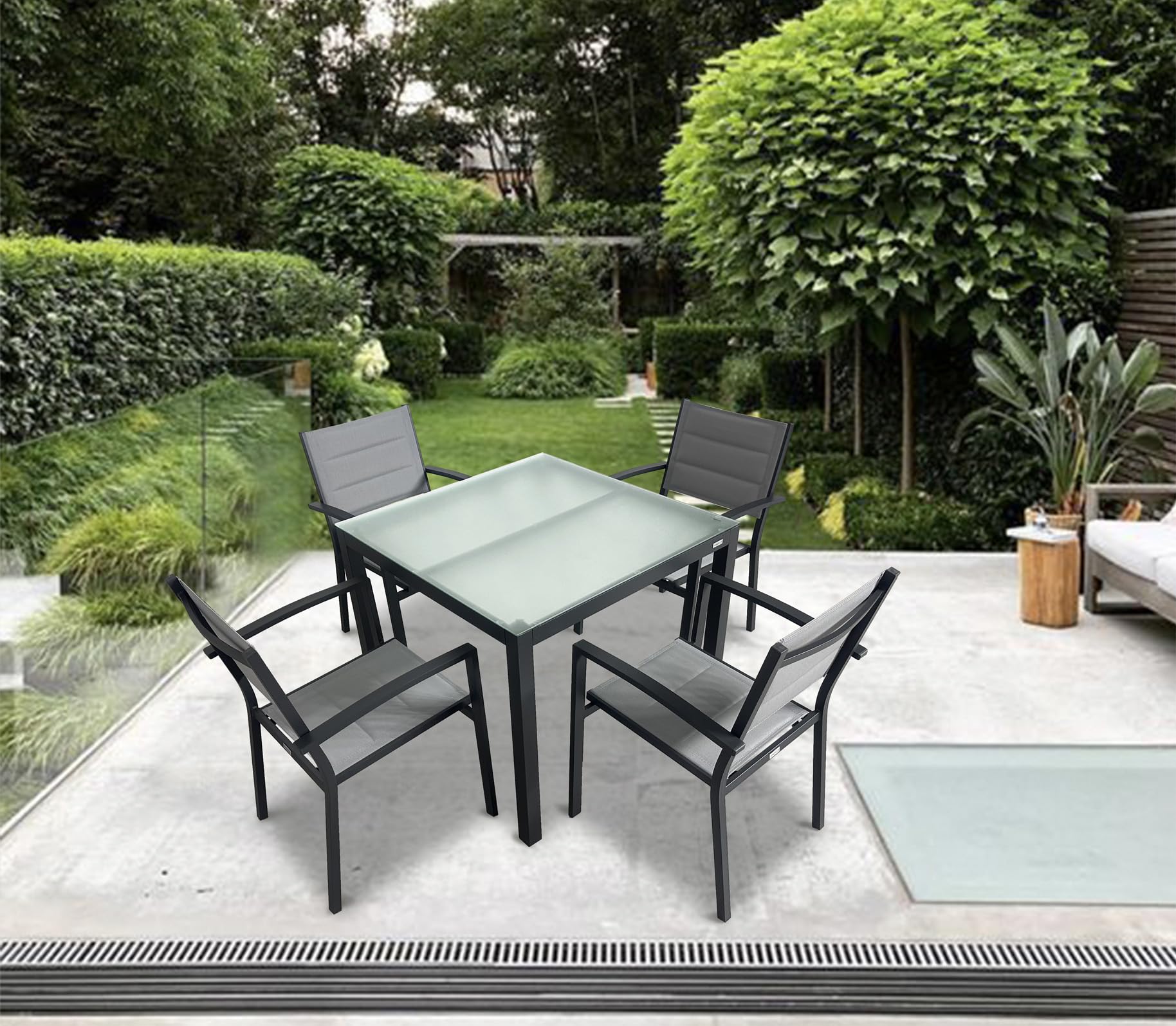 MOMMA HOME Set Mesa y sillas terraza, Conjunto Muebles Jardín Exterior 5 Piezas, Estructura de Aluminio, Mesa y Sillas Terraza Impermeables, Resistentes a Intemperie y Exterior (Gris Antracita)