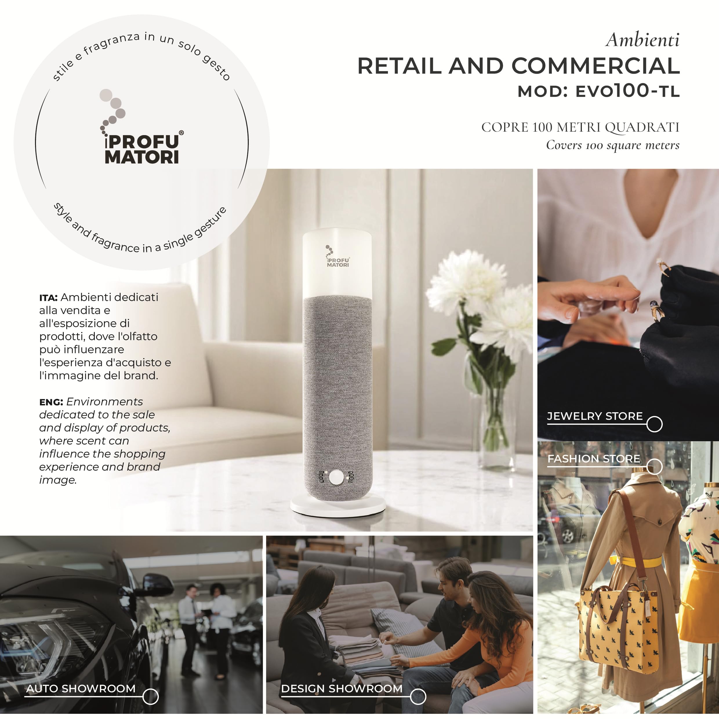 Diffusore profumo ambiente Smart EVO100 TL, fragranza Rosso Divino, nebulizzazione a freddo, controllo buetooth, copertura fino a 100 m², luce ambientale integrata, 100 ml, Colore Grigio