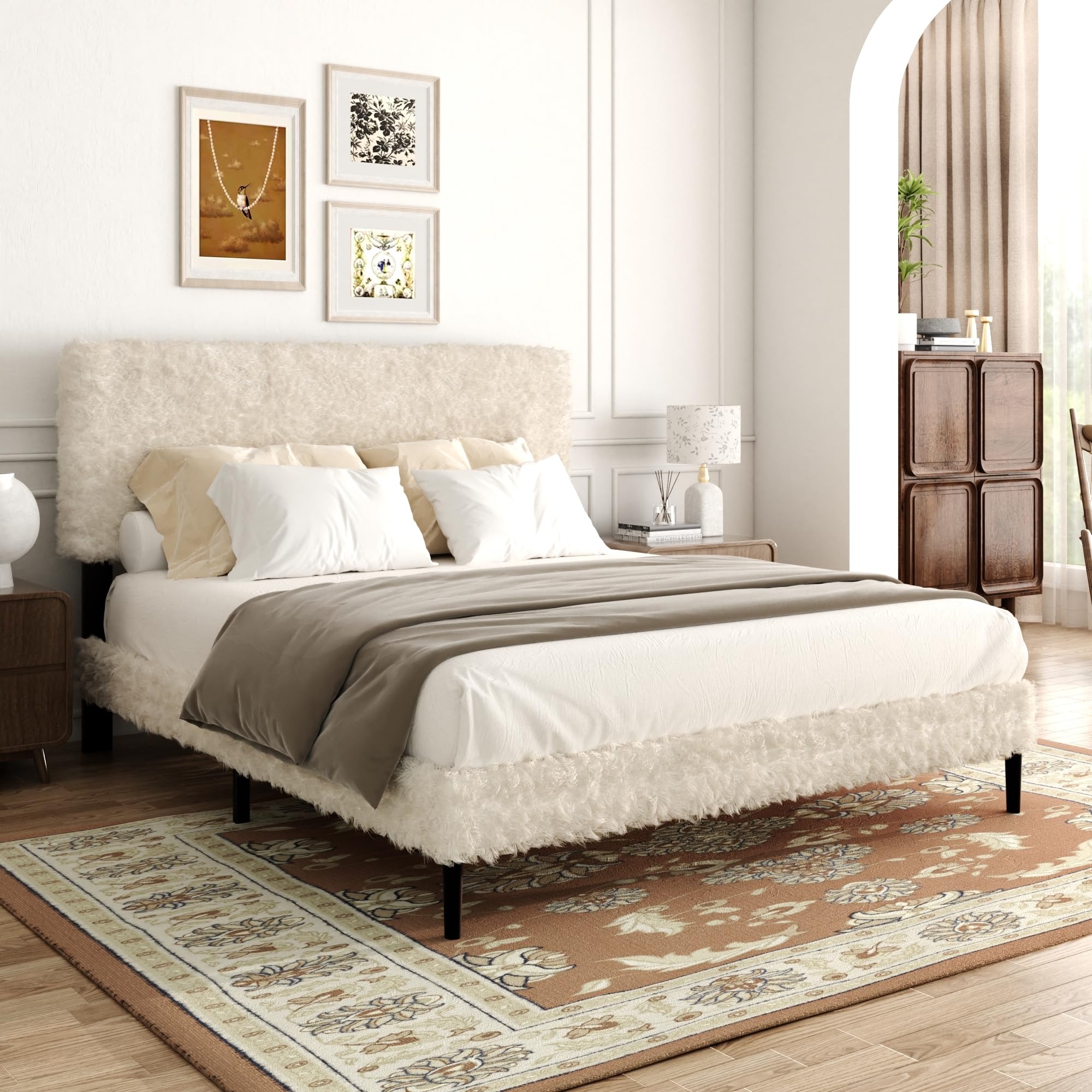 Photo 1 of HAOARA Queen Size Flannel Platform Bed Frame with Adjustable Headboard, Anti-Collision Soft Rounded Corners, No Box Spring Needed, Easy Assembly, Noise-Free, Beige