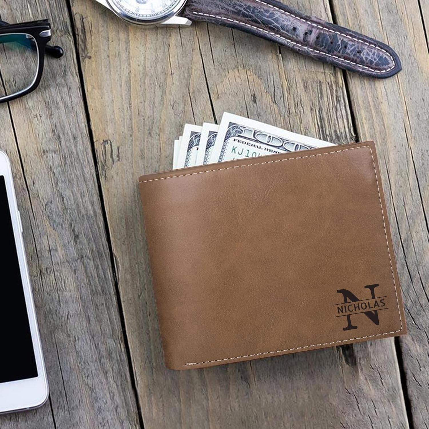 Personalized Leather Wallet for Men with Initial Name Custom Photo Bifold Engraved Wallet Customized Christmas Birthday Gifts for Dad Grandpa Husband (Style 3)