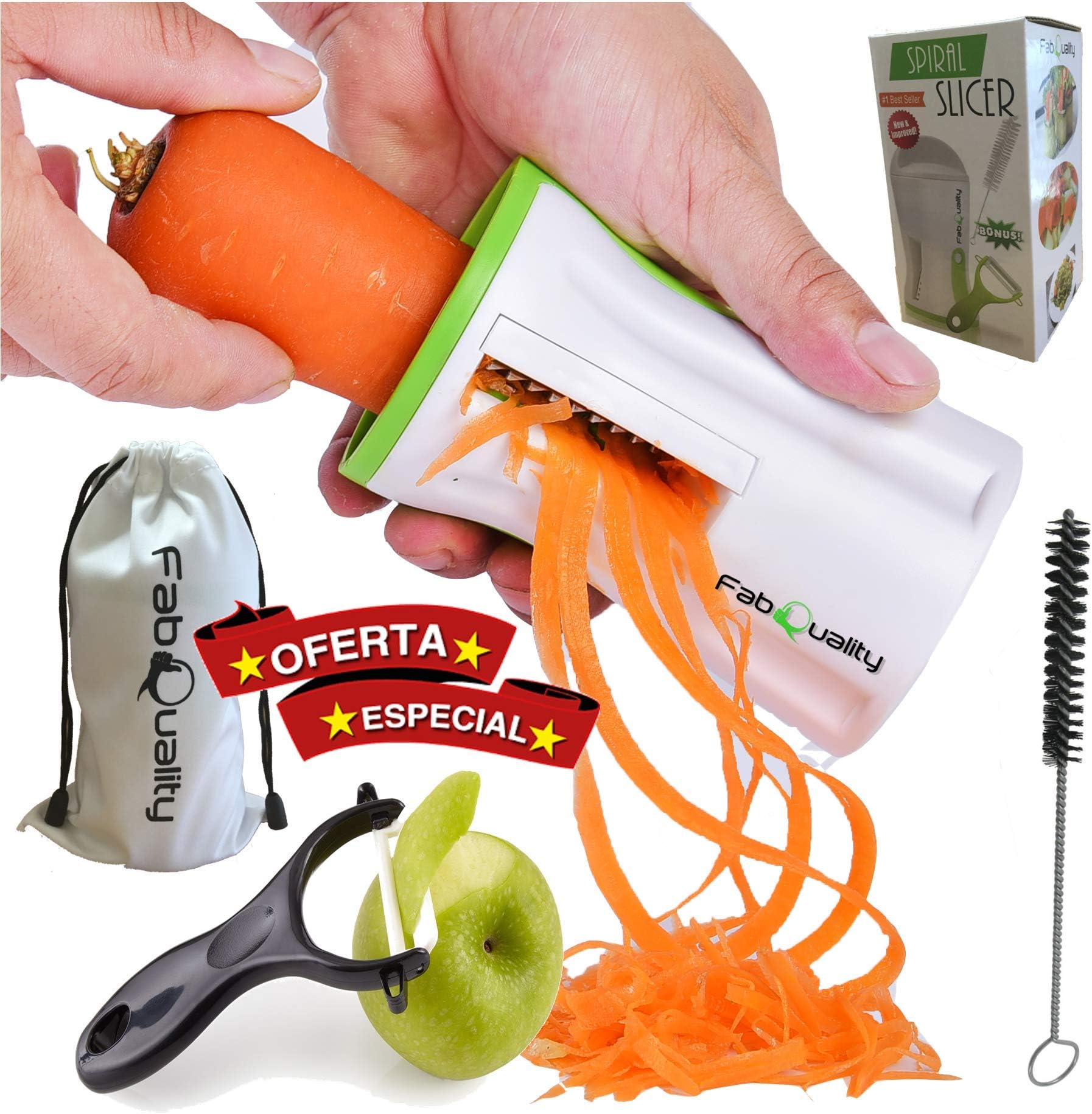 FabQuality No1 Premium Vegetable Spiralizer Veggetti Spiral Slicer COMPLETE BUNDLE x4 - Spiraliser Booklet, Vegetable Cutter, Spiral Booklet, Brush, Peeler, Zucchini Pasta Noodle Spaghetti