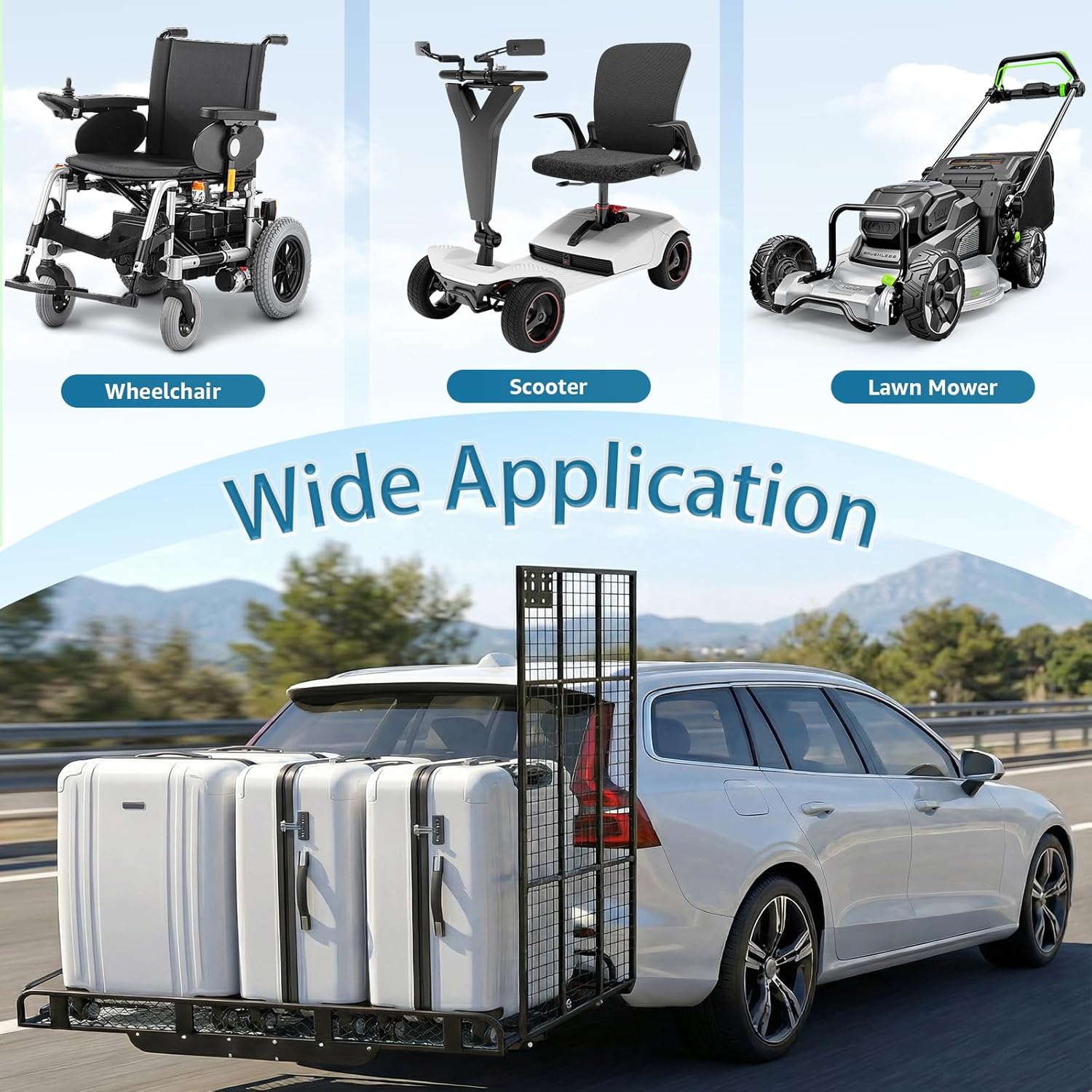 Mobility Scooter Carrier Fit 2" Receiver, Heavy Duty Folding Cargo Rack 1200 LBS - Foldable Ramp & 56x35x10Inch Basket, Rust-Proof for Trucks, Vans & Wheelchair Transport