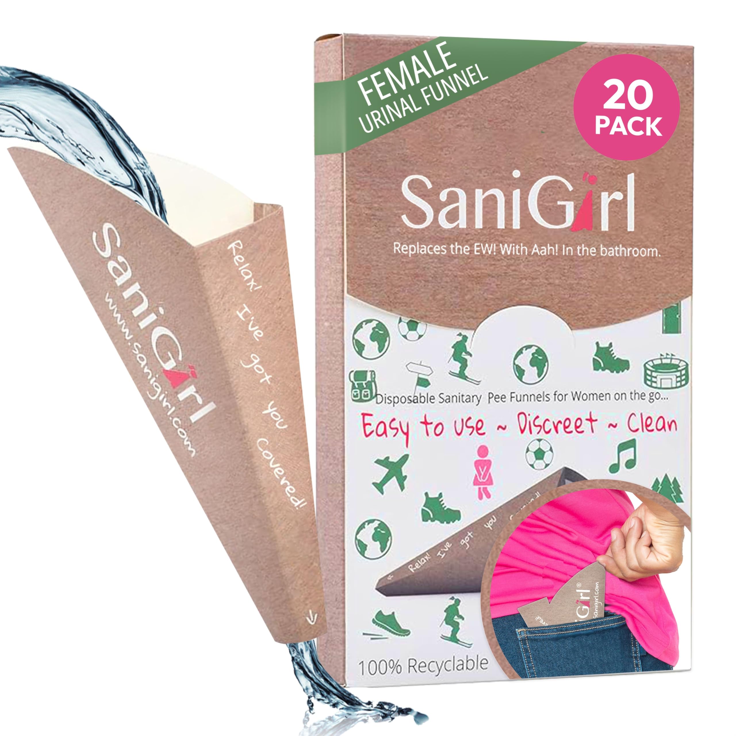 SaniGirl Pee Funnel for Women - Female Urinals for Women - Disposable Recyclable, Womens Pee Funnel for Travel & Camping Essentials, Leak-Proof Female Urination Device for Outdoors & Travel (20 Pack)