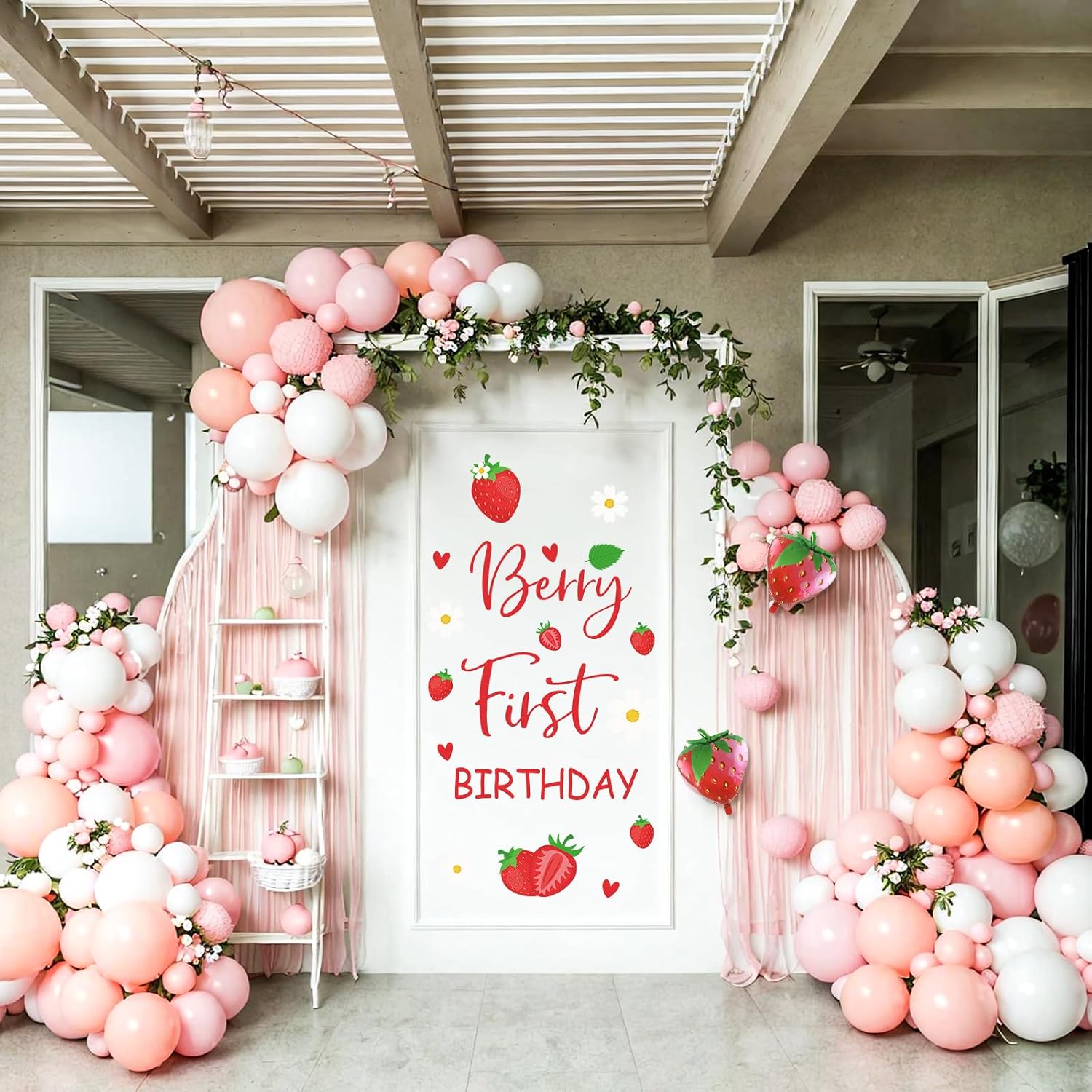 Berry First Birthday Stickers Decorations - Sweet 1st Birthday Arch Stickers for Party Decoration, Red Strawberry Background Decor Decals for Girl Party Supplies (Only Sticker)