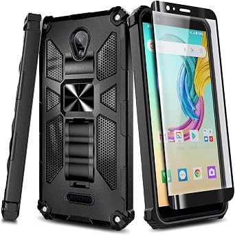NZND Case for Wiko Ride 2 U520AS with Tempered Glass Screen Protector Maximum Coverage, Full-Body Protective [Military-Grade], Built-in Kickstand, Heavy-Duty Case Black