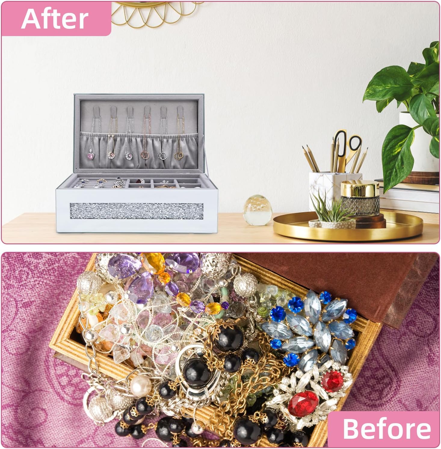 Glam Rhinestone Crystal Silver Glass Jewelry Box, Sparkly Blinged Out Mirror Jewelry Box for Women, Elegant Jewel Box for Romantic Gifting & Decorative Storage