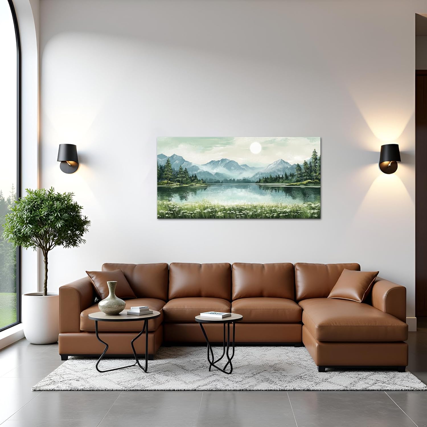 sechars Mountain Lake Canvas Wall Art Nature Wilderness Painting Prints Relax Calm Scenic Picture for Living Room Bedroom 20"x40" (Green)