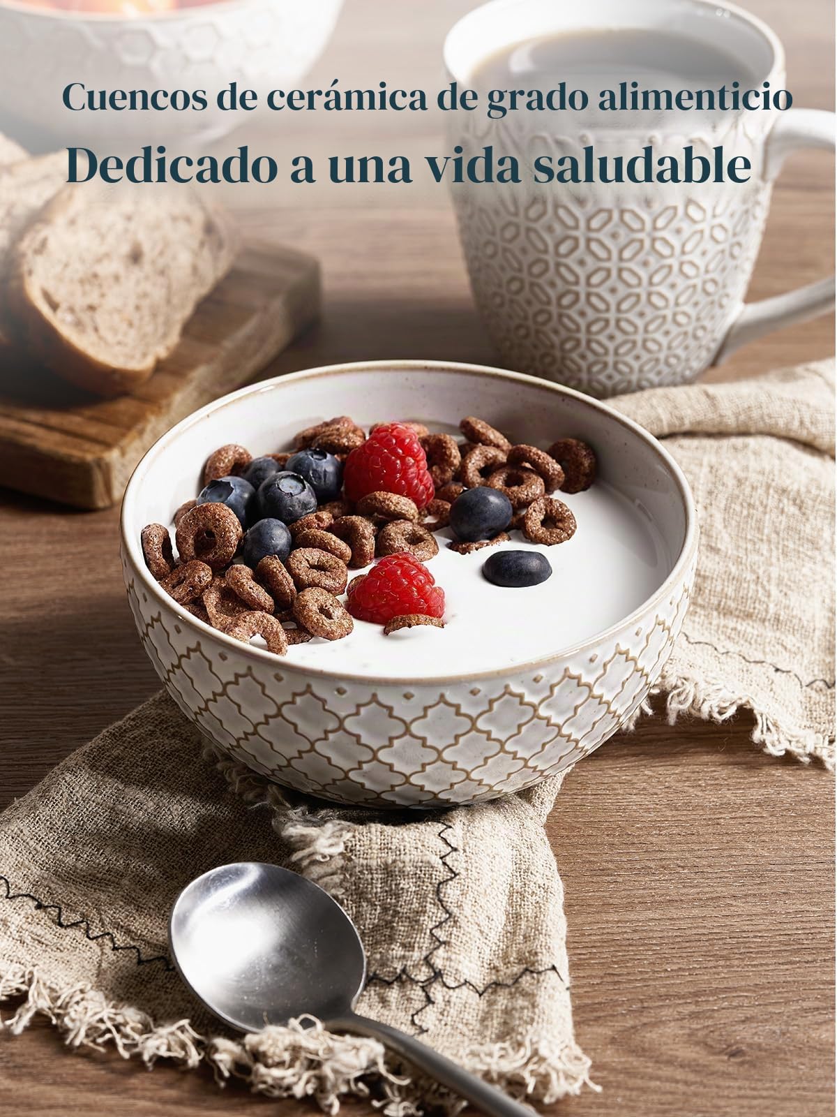 DOWAN Cuencos para Cereales, 800ml Juego de 6 Grandes Cuencos para Sopa, Φ15.2cm Cuencos de Cocina con Relieve para Avena, Ensalada, Pho, Frutas, Fideos, Ramen | Vintage Blanco