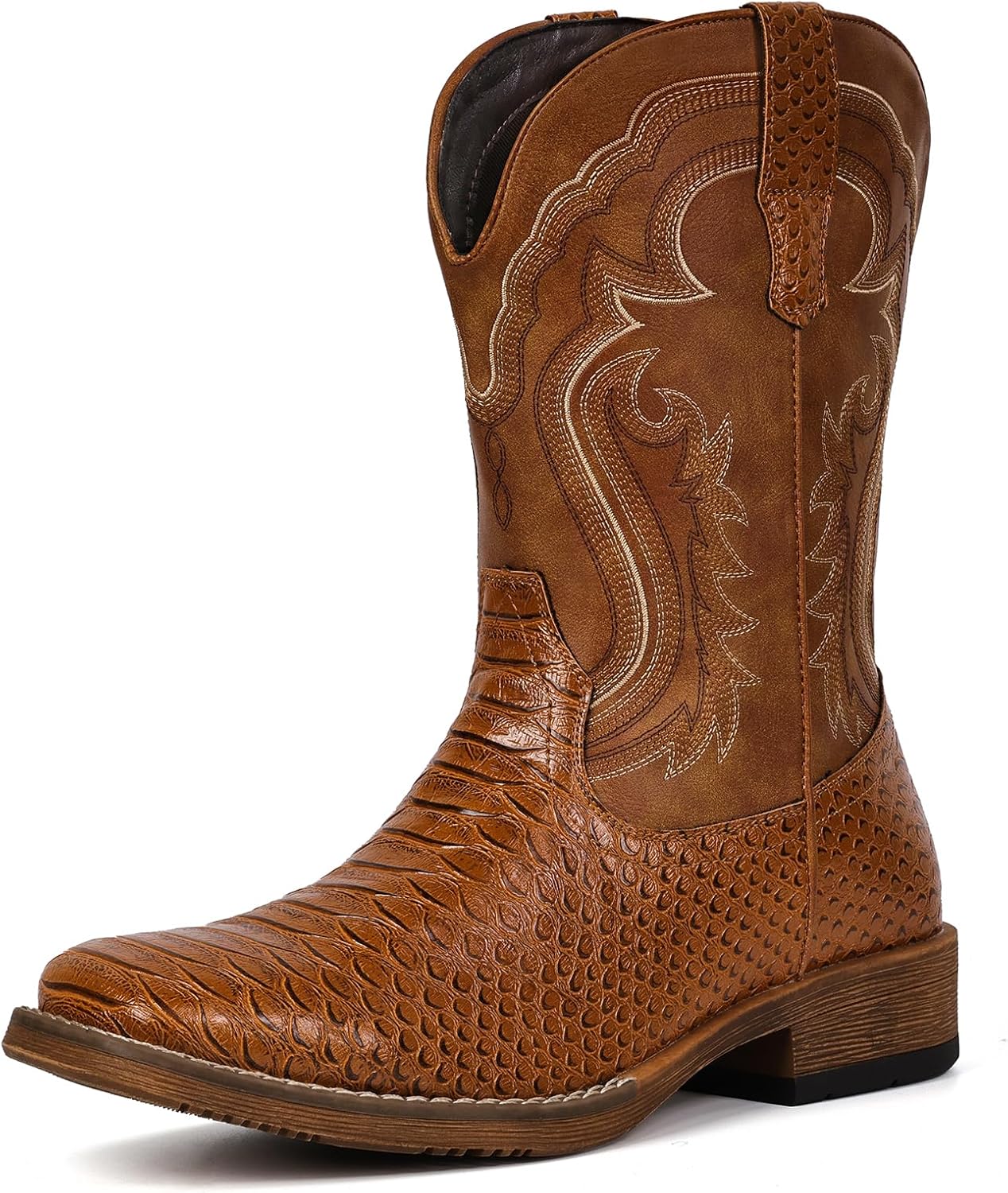 IUV Cowboy Boots for Men Faux Snake Skin Embroidered Western Boots Slip Resistant Square Toe Pull on Mid Calf Cowboy Boot