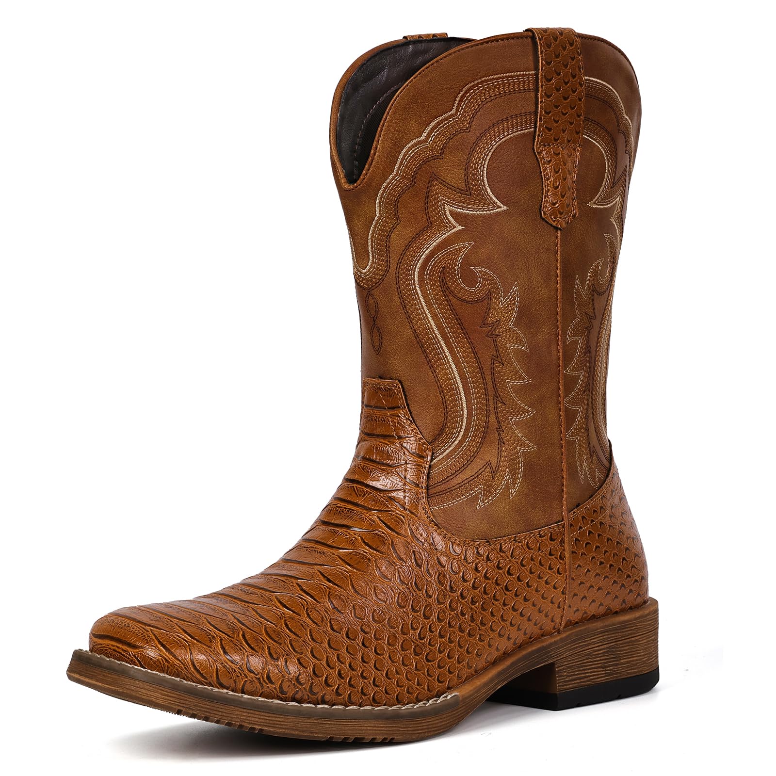 Cowboy Boots for Men Faux Snake Skin Embroidered Western Boots Slip Resistant Square Toe Pull on Mid Calf Cowboy Boot