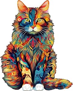 KAAYEE Wooden Jigsaw Puzzles, Wooden Maine Coon Puzzle Adult, Unique Shaped Wood Puzzles Advanced Animal Puzzle Gift for Christmas Adults Kids Family Game Home Decor (11.7 * 9.4in 190pcs)