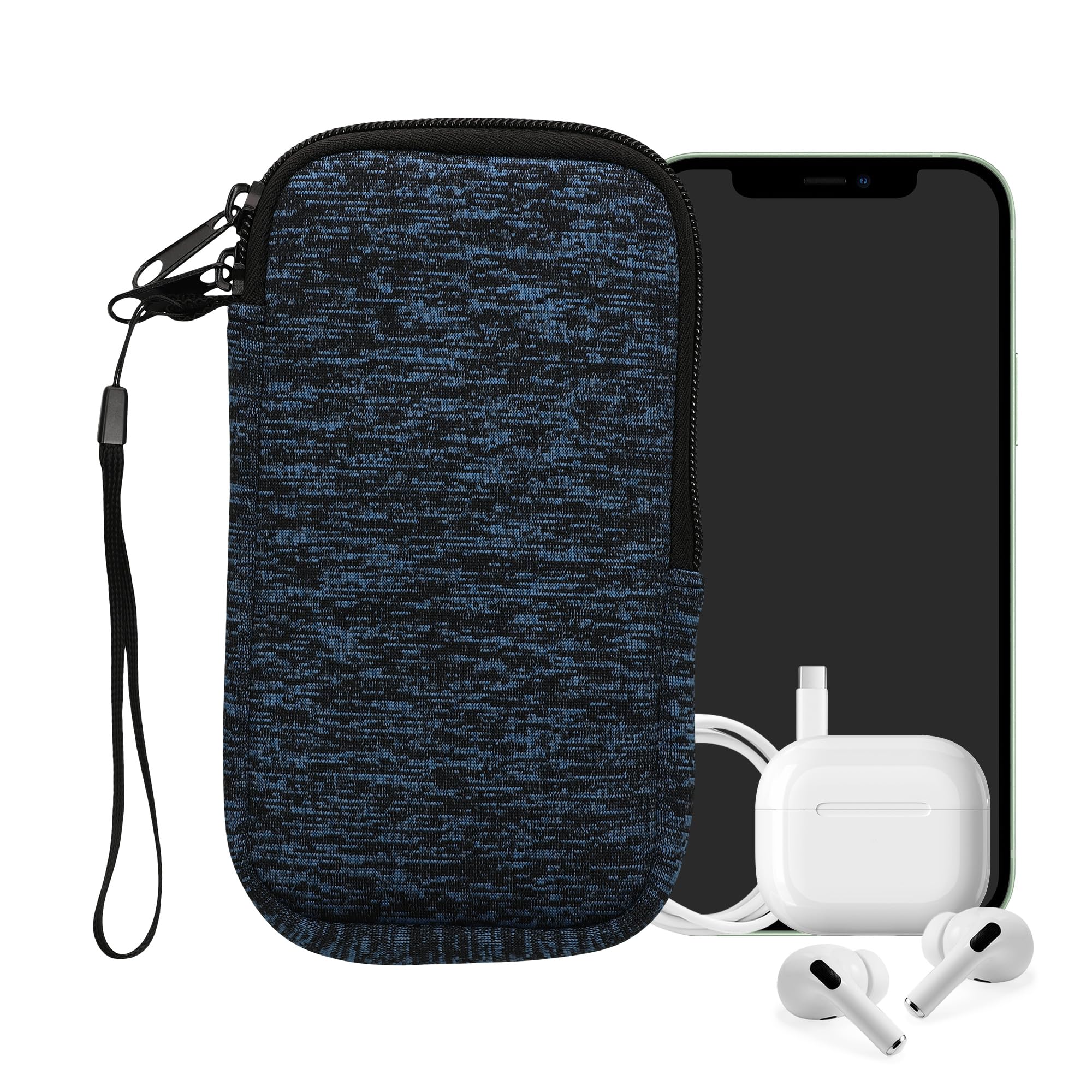 kwmobile Custodia in Neoprene con Zip per Smartphone XL - 6,7/6,8" - Astuccio Portacellulare a Sacchetto con Cerniera - Borsa in deep ocean/nero