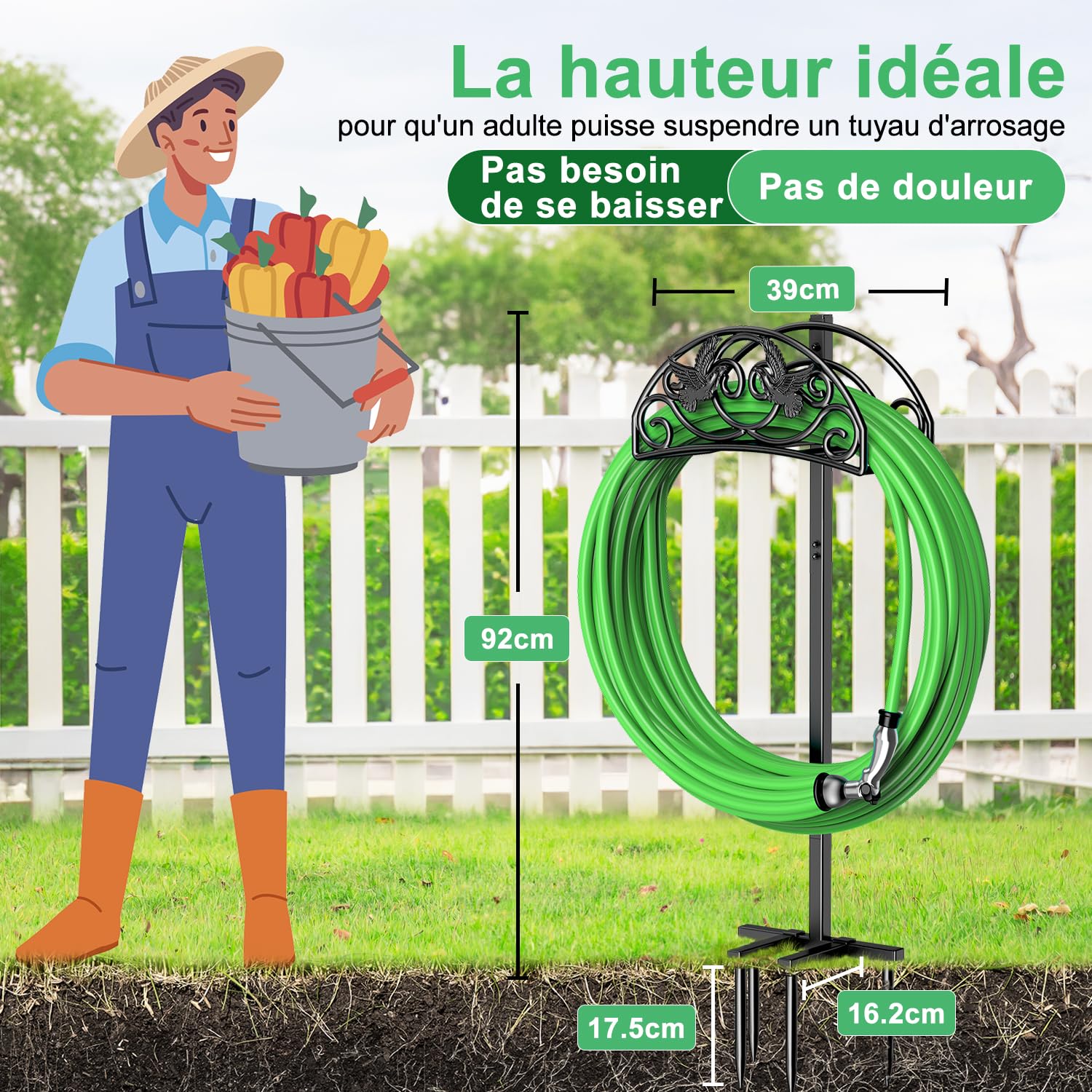 Support pour Tuyau d'arrosage de 109,5 cm, support sur pied en forme d'oiseau, support métallique amovible pour tuyau d'arrosage, pour le jardin et la pelouse