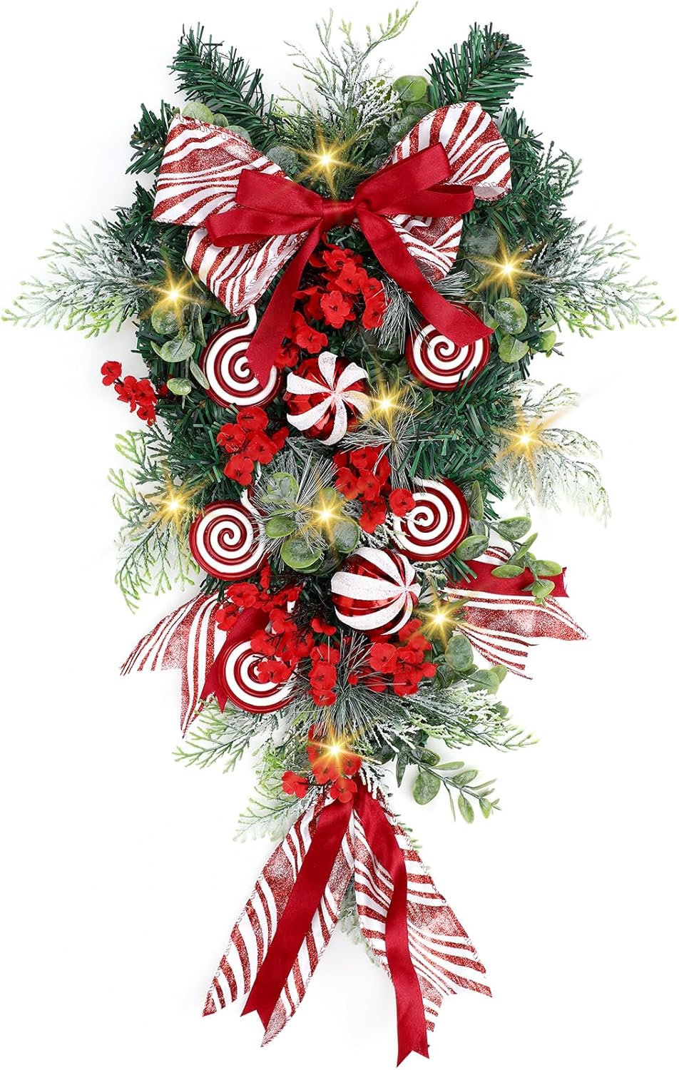 Yunlly 28" Pre Lit Christmas Teardrop Swag Battery Operated Christmas Swag with Lights, Red and White Bowknot, Swirl Candy Cane Ball, Xmas Wreath Ornament for Indoor Outdoor Front Door Decoration Candy Ball